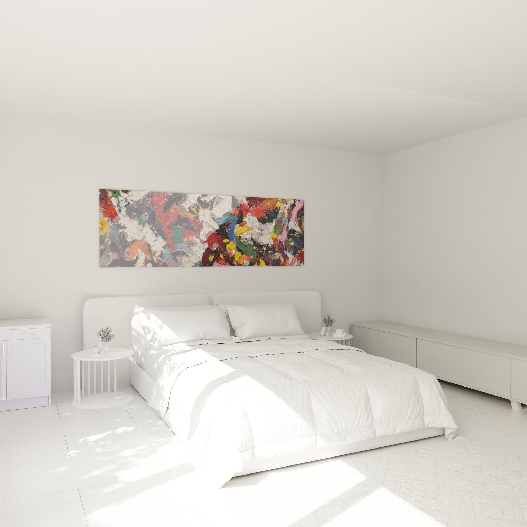 Ambiance chambre avec tableau abstrait coloré style peinture expressionniste sur mur blanc