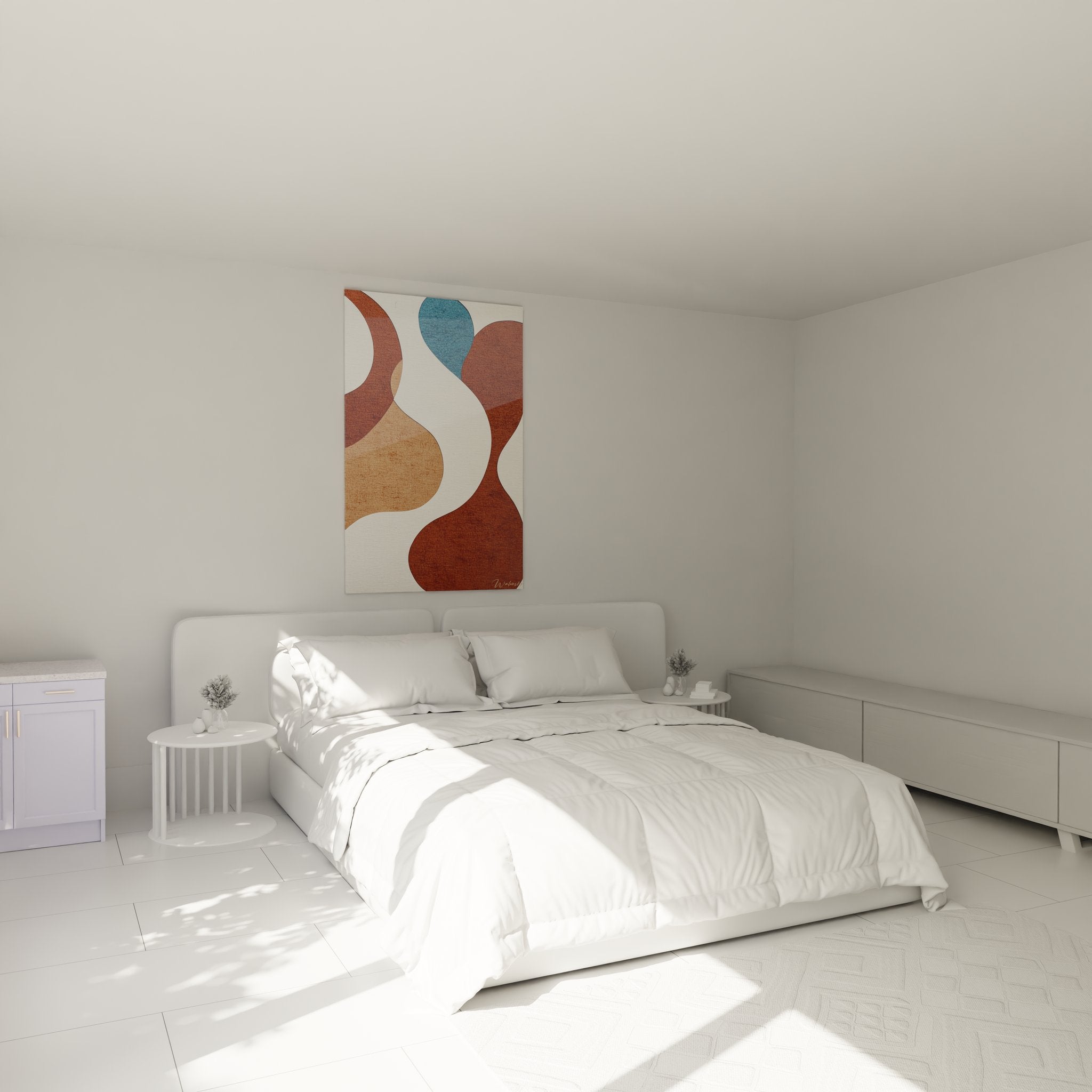 Tableau formes abstraites dans chambre moderne décoration murale minimaliste tons naturels