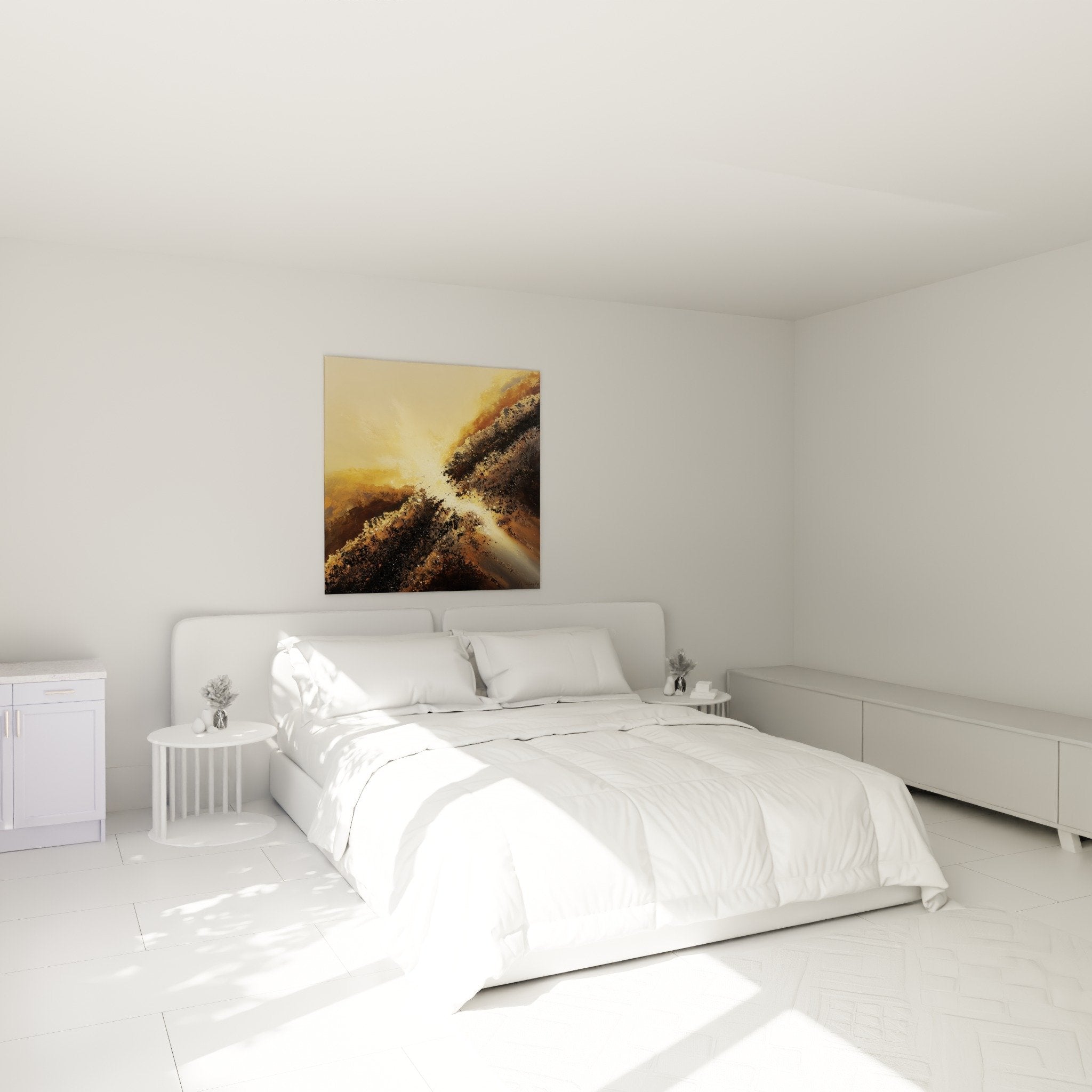 Abstraktes Gemälde in Gold und Braun im modernen Schlafzimmer, gemütliche Feng-Shui-Atmosphäre mit Erdmittelpunkt