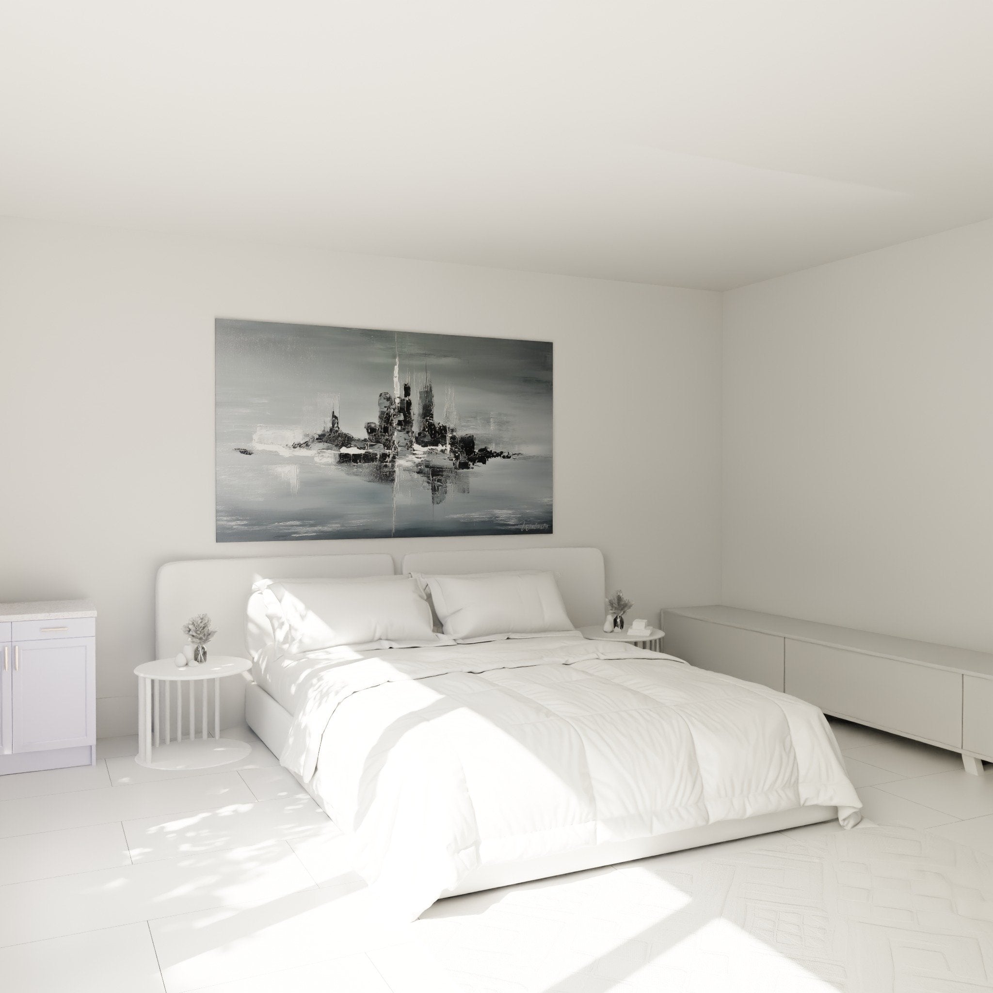 Abstraktes Gemälde in Grautönen im modernen Schlafzimmer, Zen-Atmosphäre, metallische Farben, Feng Shui Westen Metall