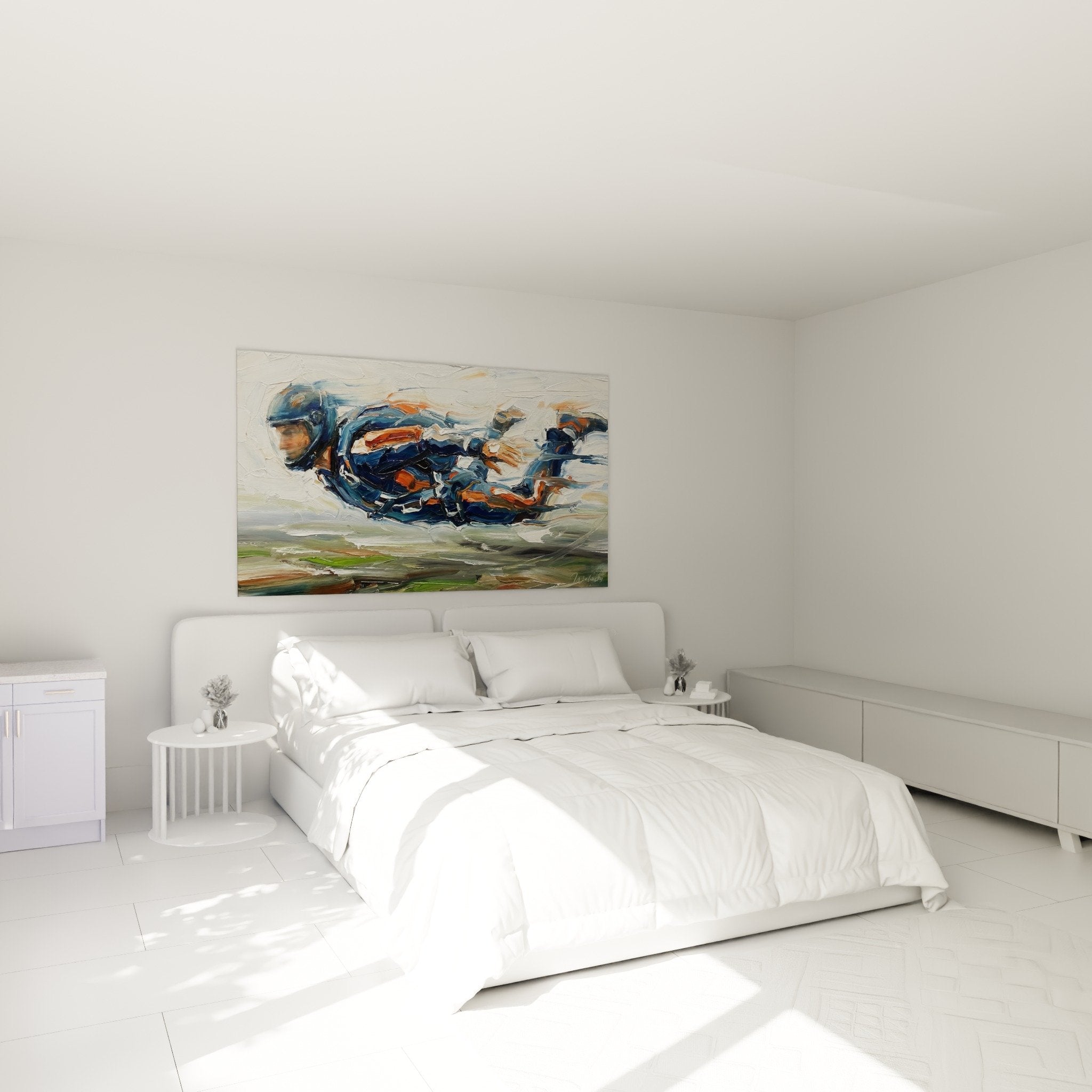 Abstraktes blau-oranges Gemälde im modernen Schlafzimmer Wanddekoration Fallschirm