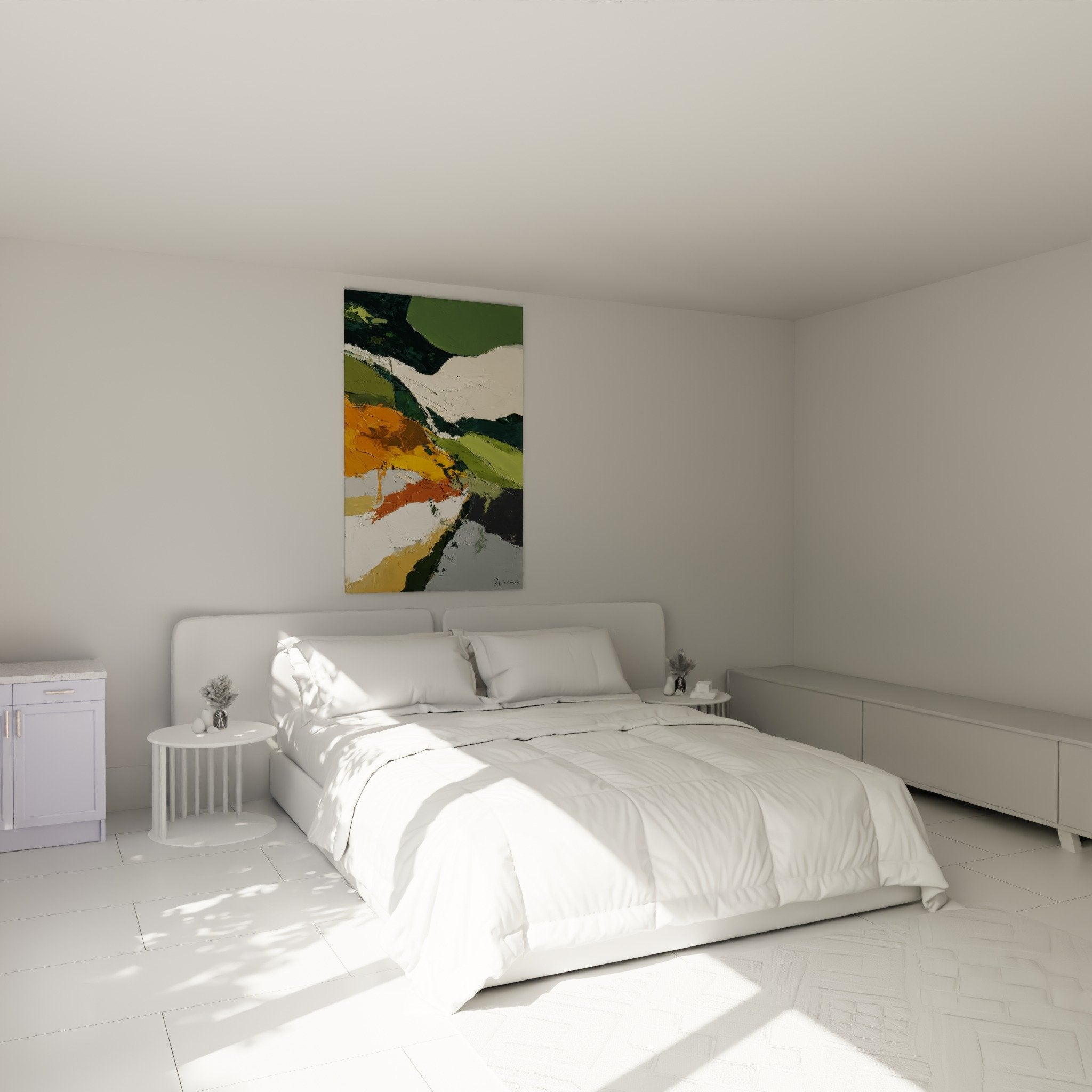 Abstract orange and green wall art hung on the wall of a modern bedroom with feng shui wooden decoration