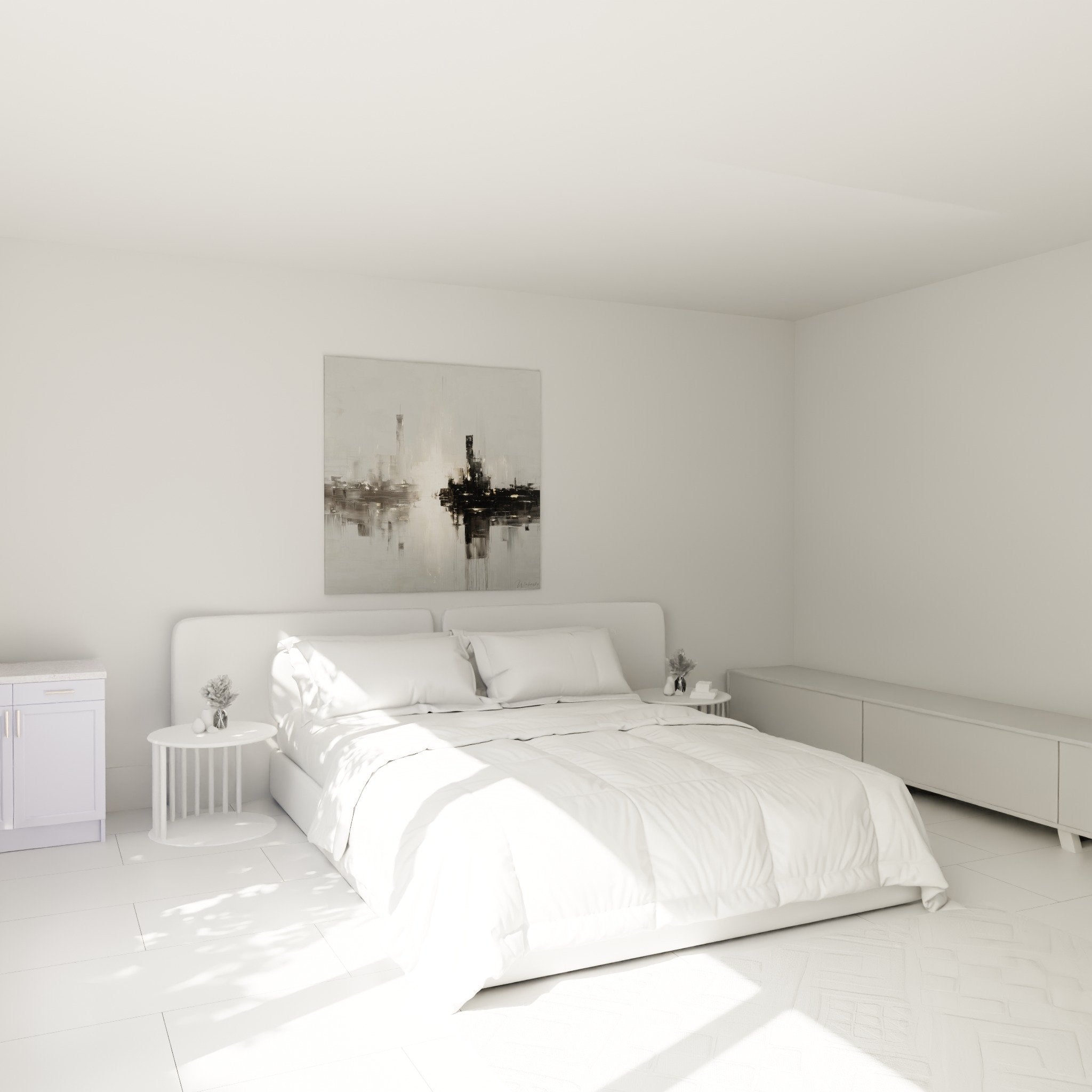 Abstrakte grau-goldene Wandmalerei im modernen Schlafzimmer, harmonische Feng-Shui-Wanddekoration West-Metall