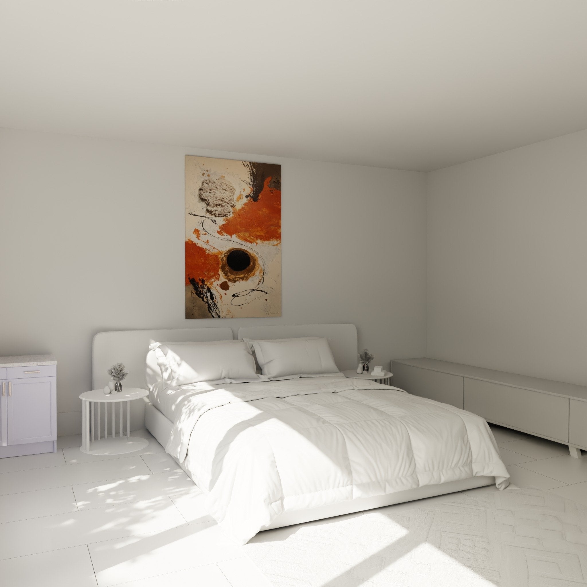 Œuvre abstraite orange beige dans chambre moderne - Ambiance zen et chaleureuse avec mobilier naturel