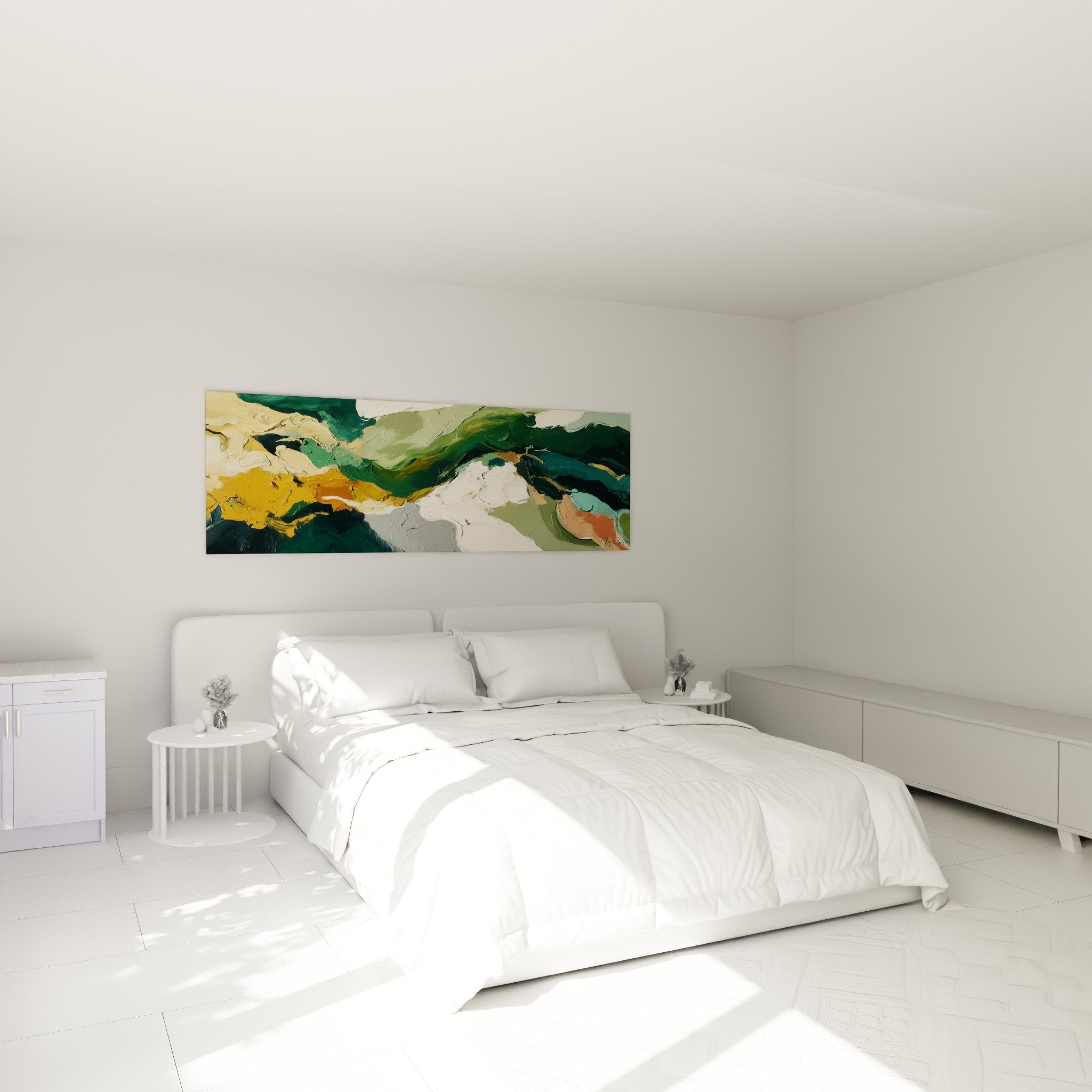 Tableau abstrait vert et dore harmonieusement integre dans une chambre moderne aux tons naturels