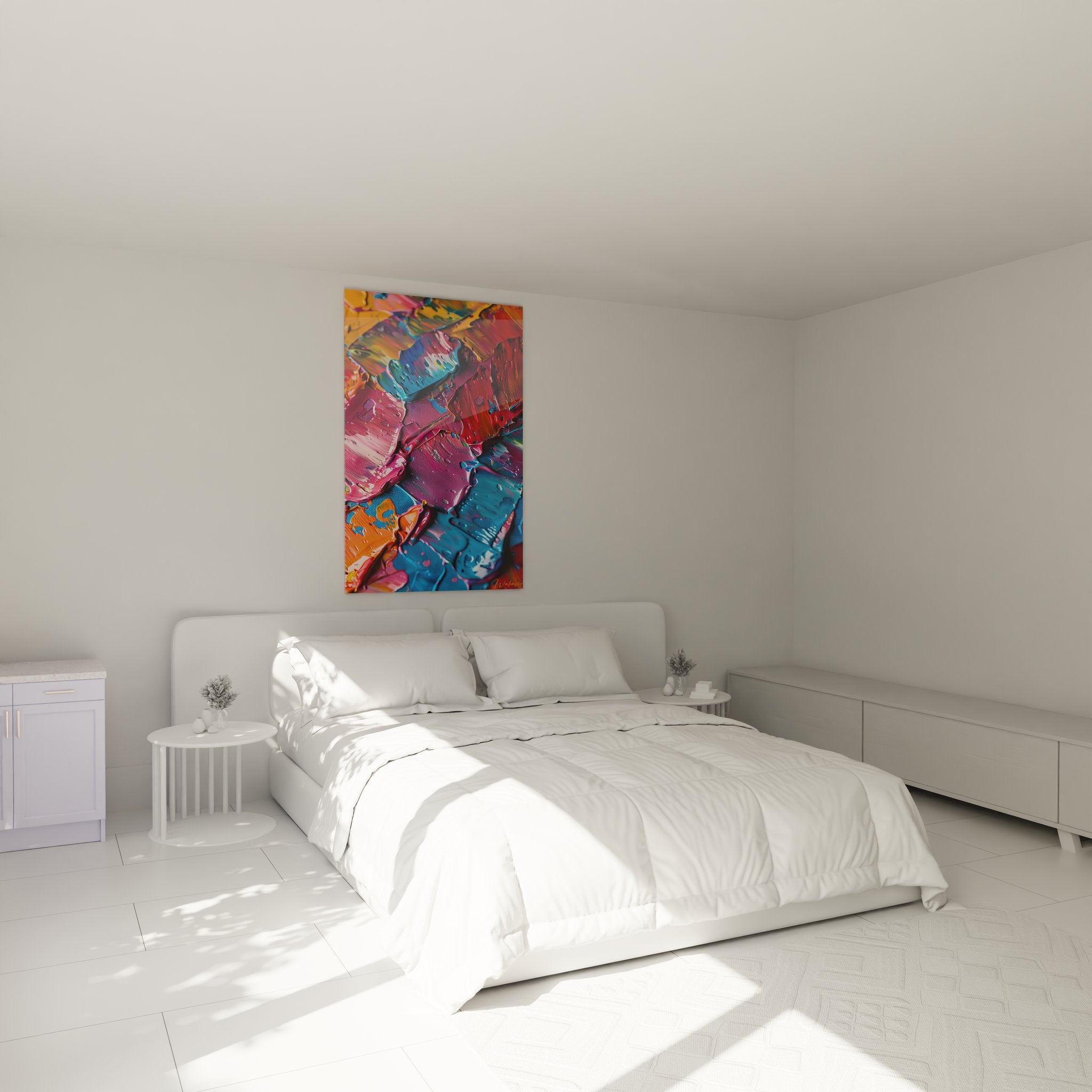 Ambiance chambre avec tableau mural peinture acrylique abstraite colorée déco moderne