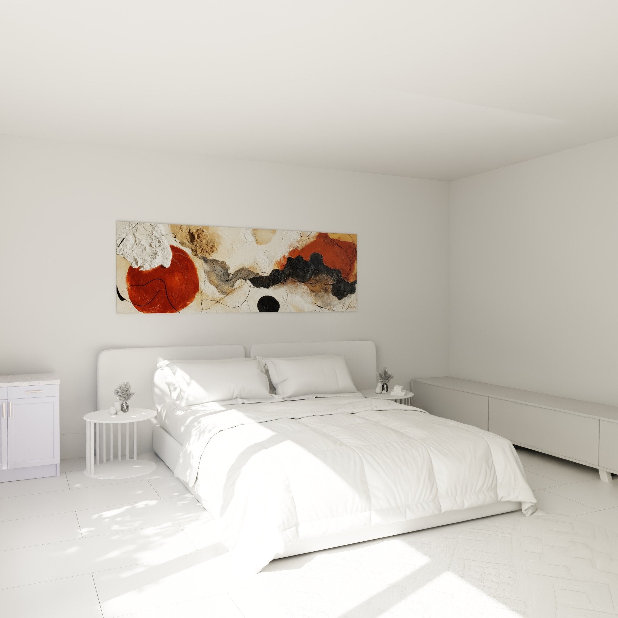 Abstract earthy artwork in modern bedroom, zen ambiance with rust and beige tones