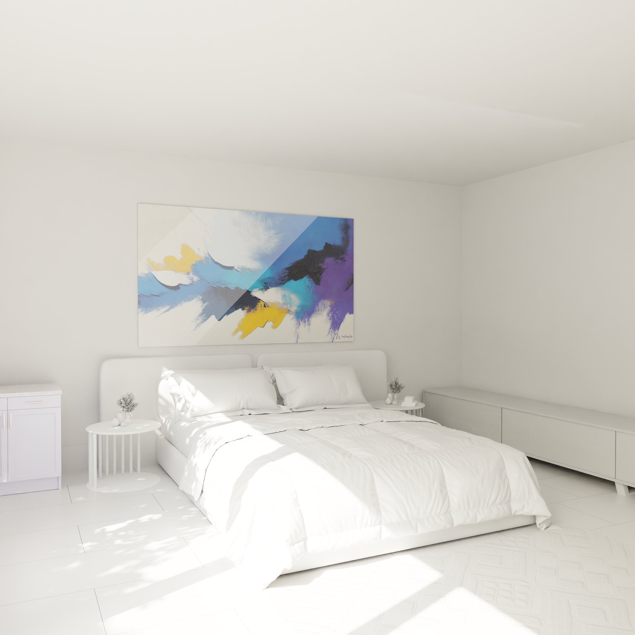 Ambiance chambre avec tableau mural abstrait coloré moderne décoratif tons bleus violets