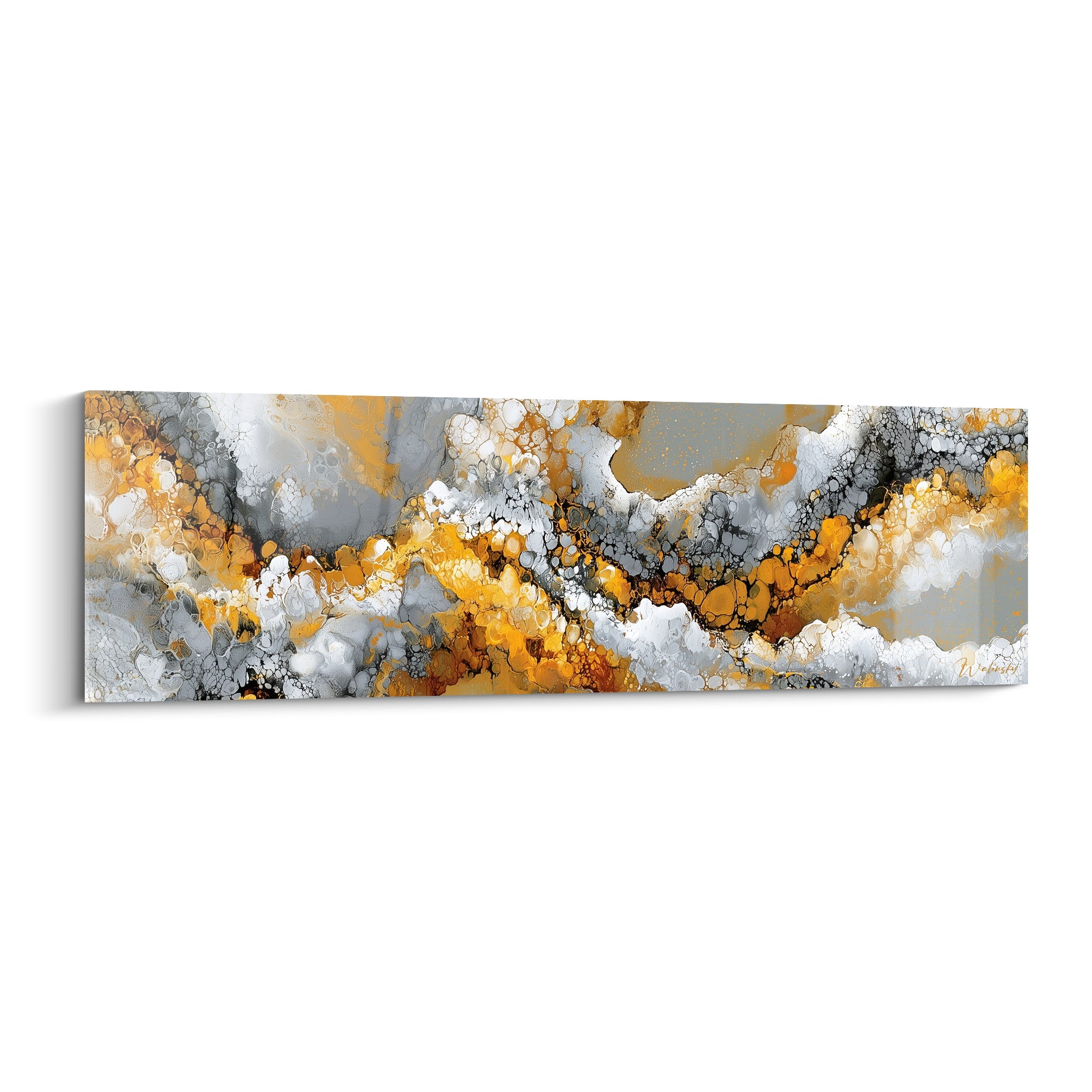 Vagues d'ambre et de gris marbré traversées de veines noires sur toile panoramique abstraite