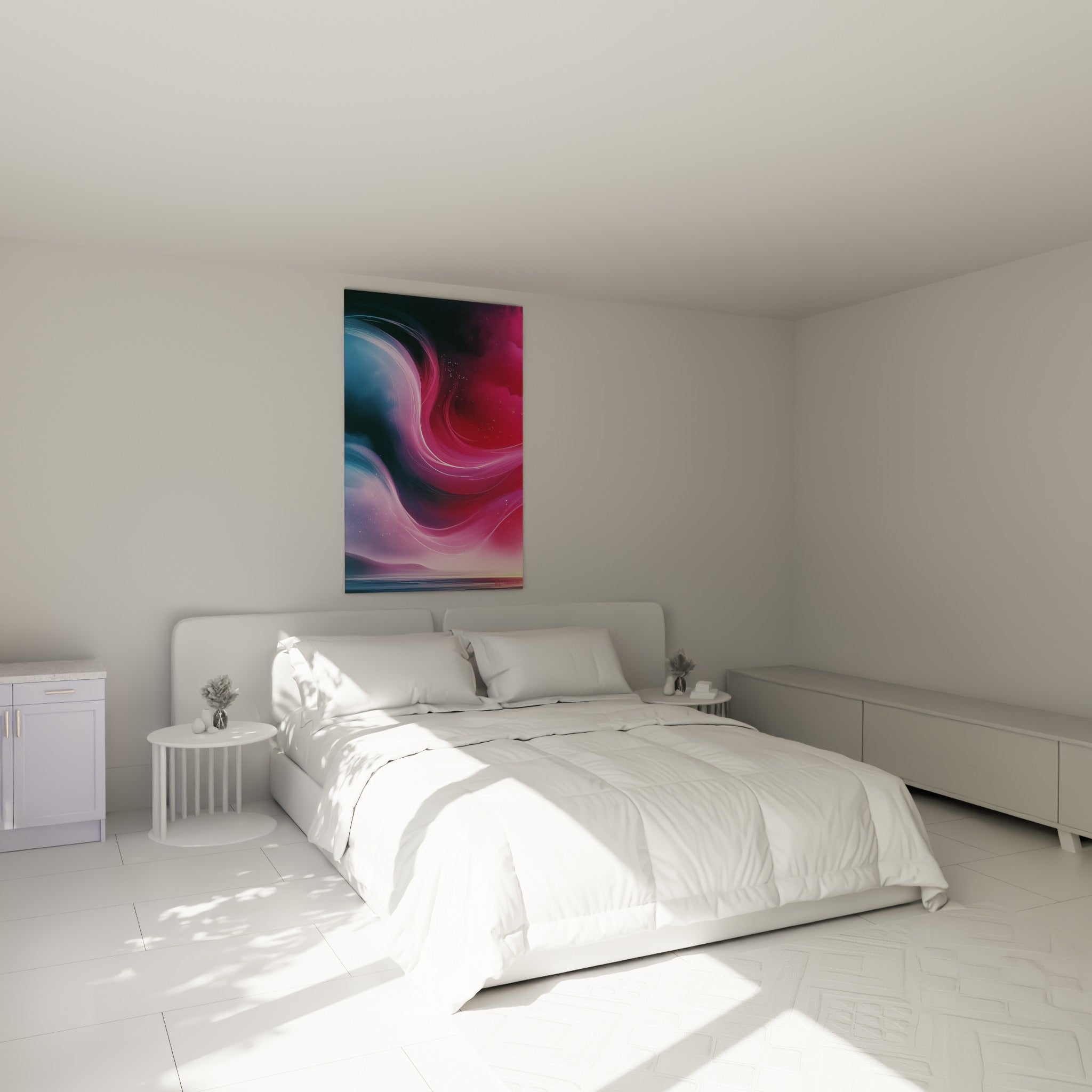 Courbes fuchsia et bleu nuit se déployant sur ce tableau, au-dessus d'un lit dans une chambre claire