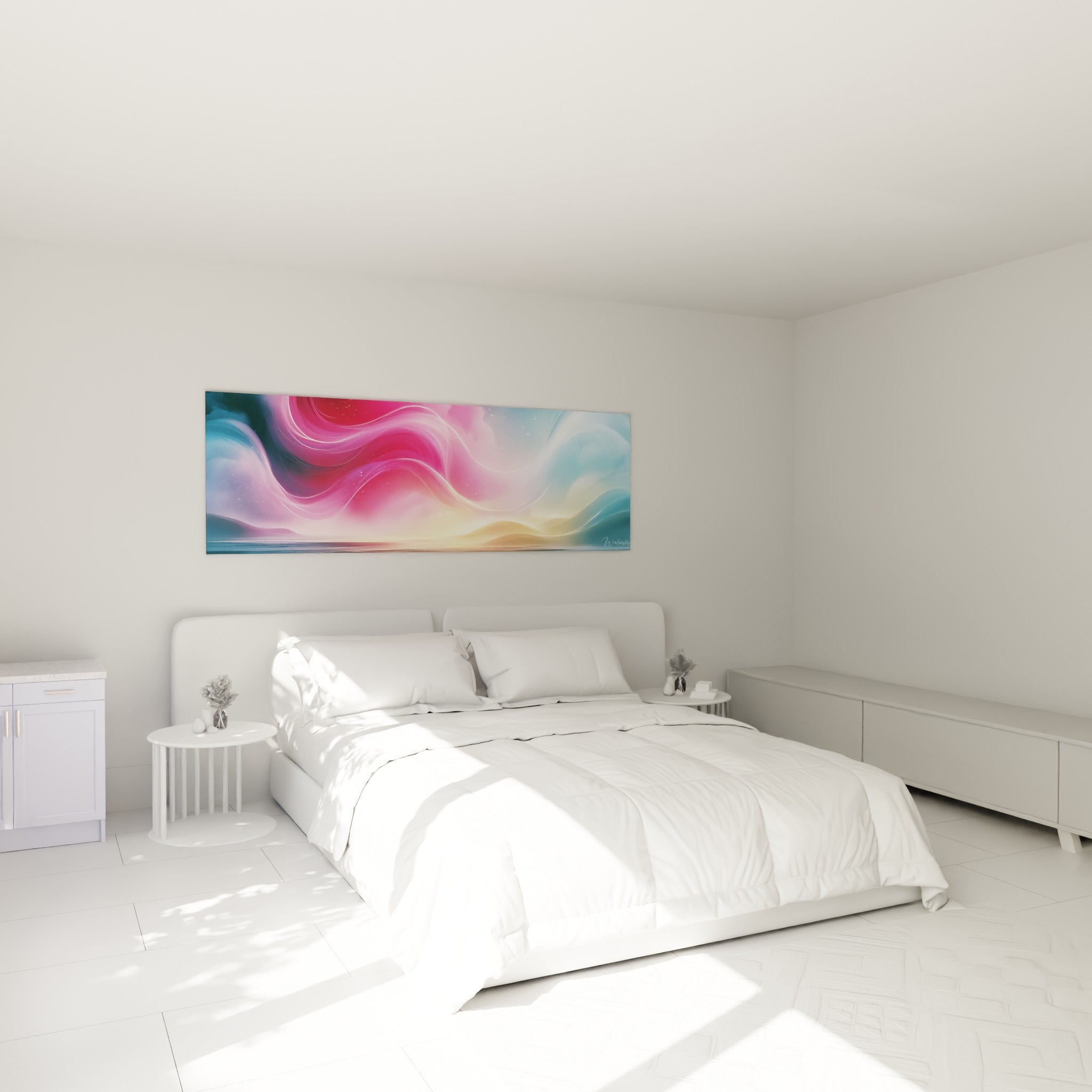 Ondulations roses et bleu pastel évoquant une aurore, au-dessus d'un lit dans une chambre claire