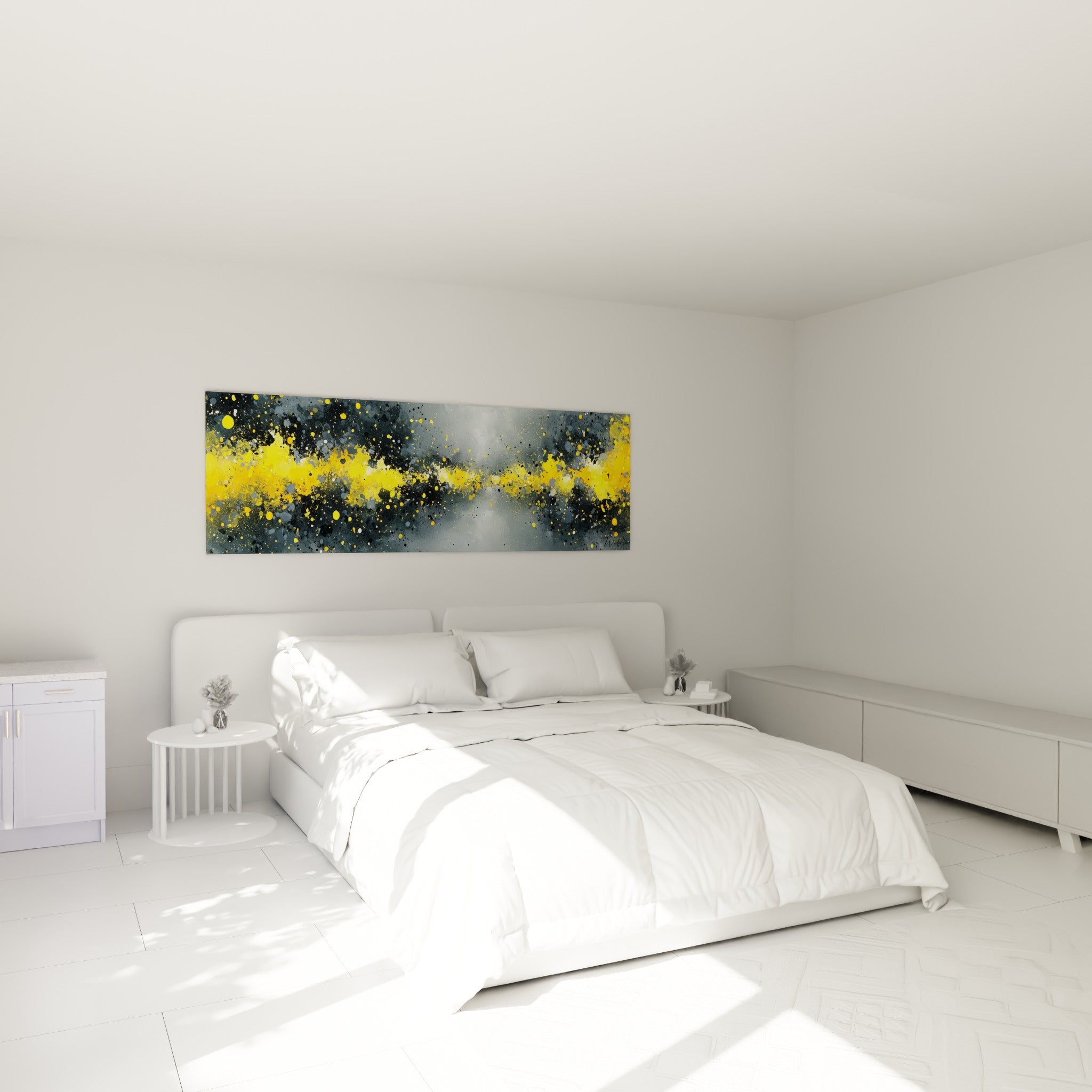 Éclats jaunes et anthracite en mouvement dynamique, accrochés au-dessus d'un lit dans une chambre claire