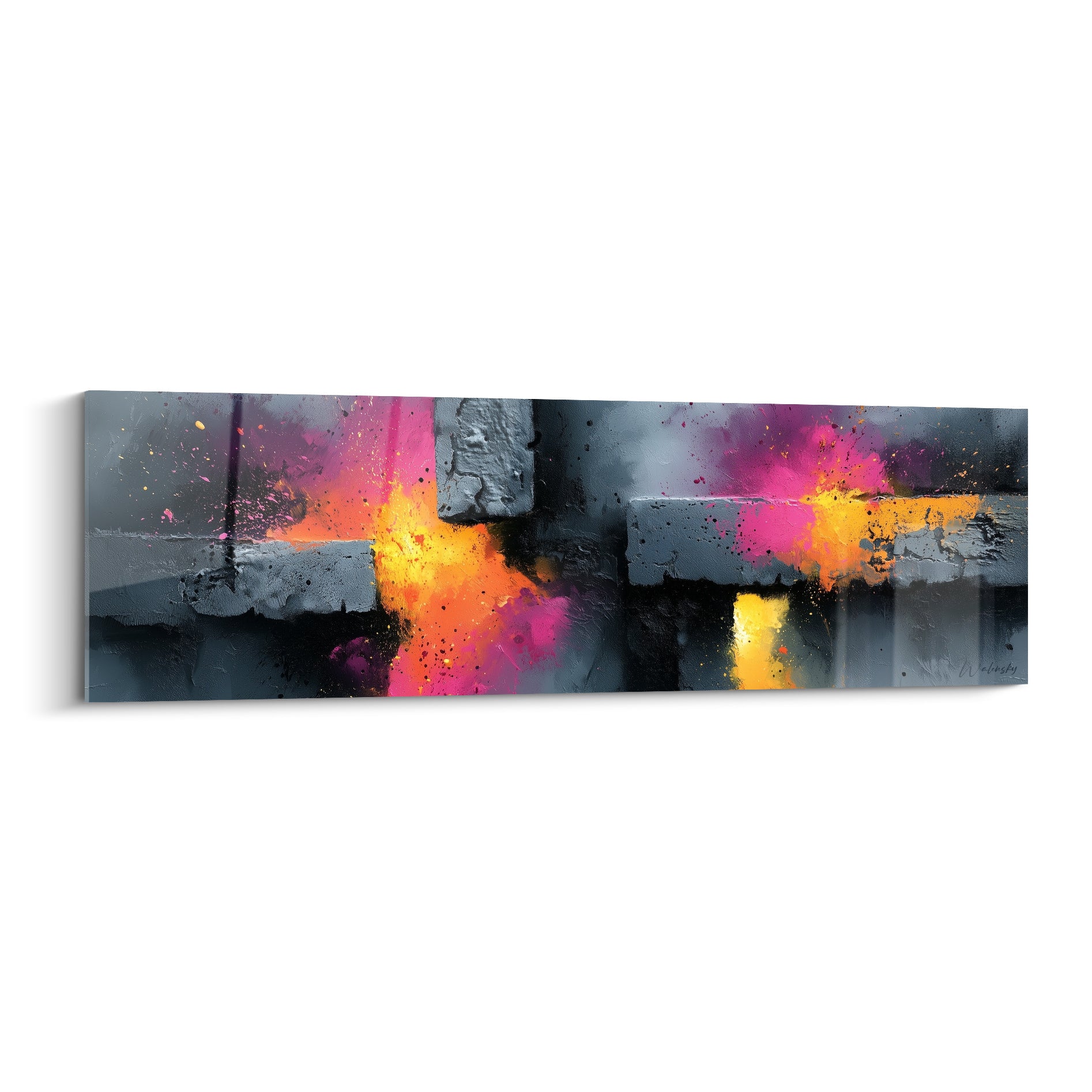 Blocs anthracite traversés d'éclats magenta et orange dans ce tableau Abstrait Coloré texturé