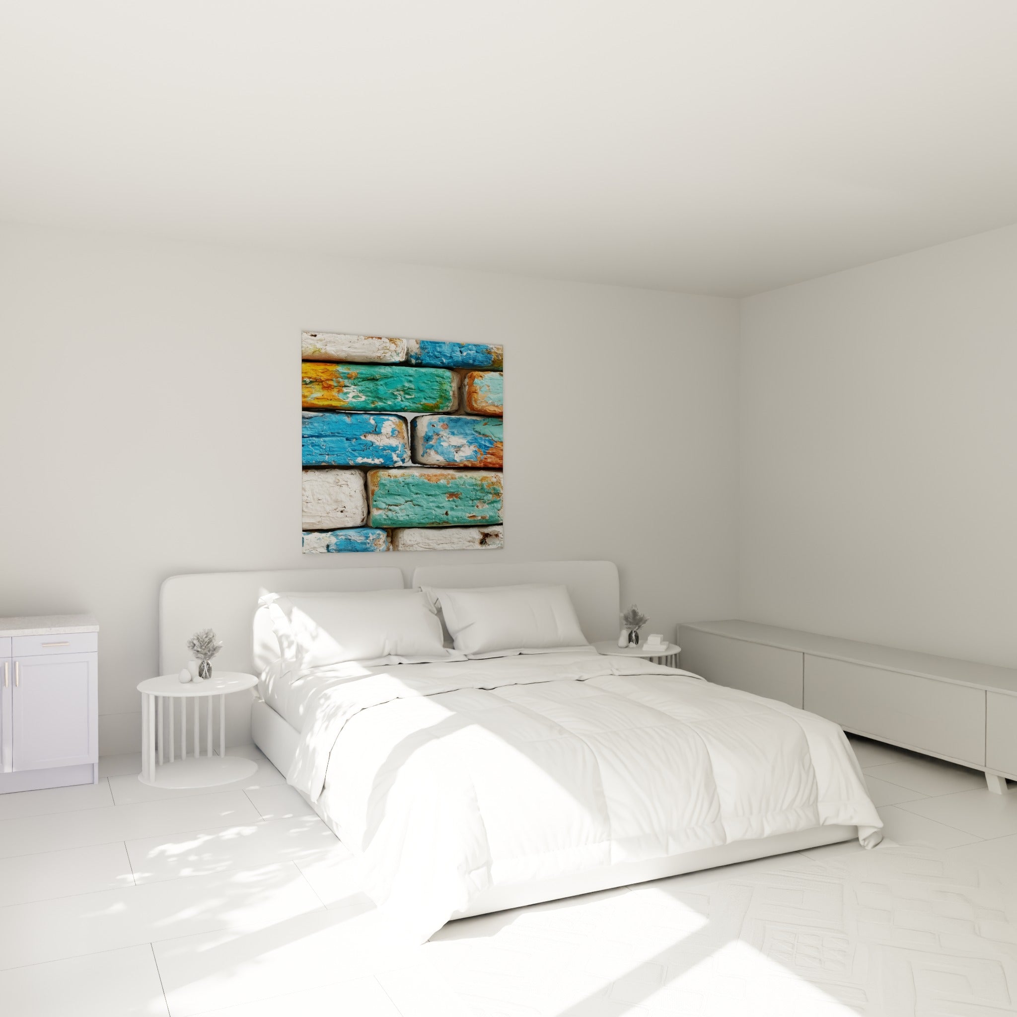 Briques bleu marine et turquoise écaillées accrochées au-dessus d'un lit dans une chambre claire