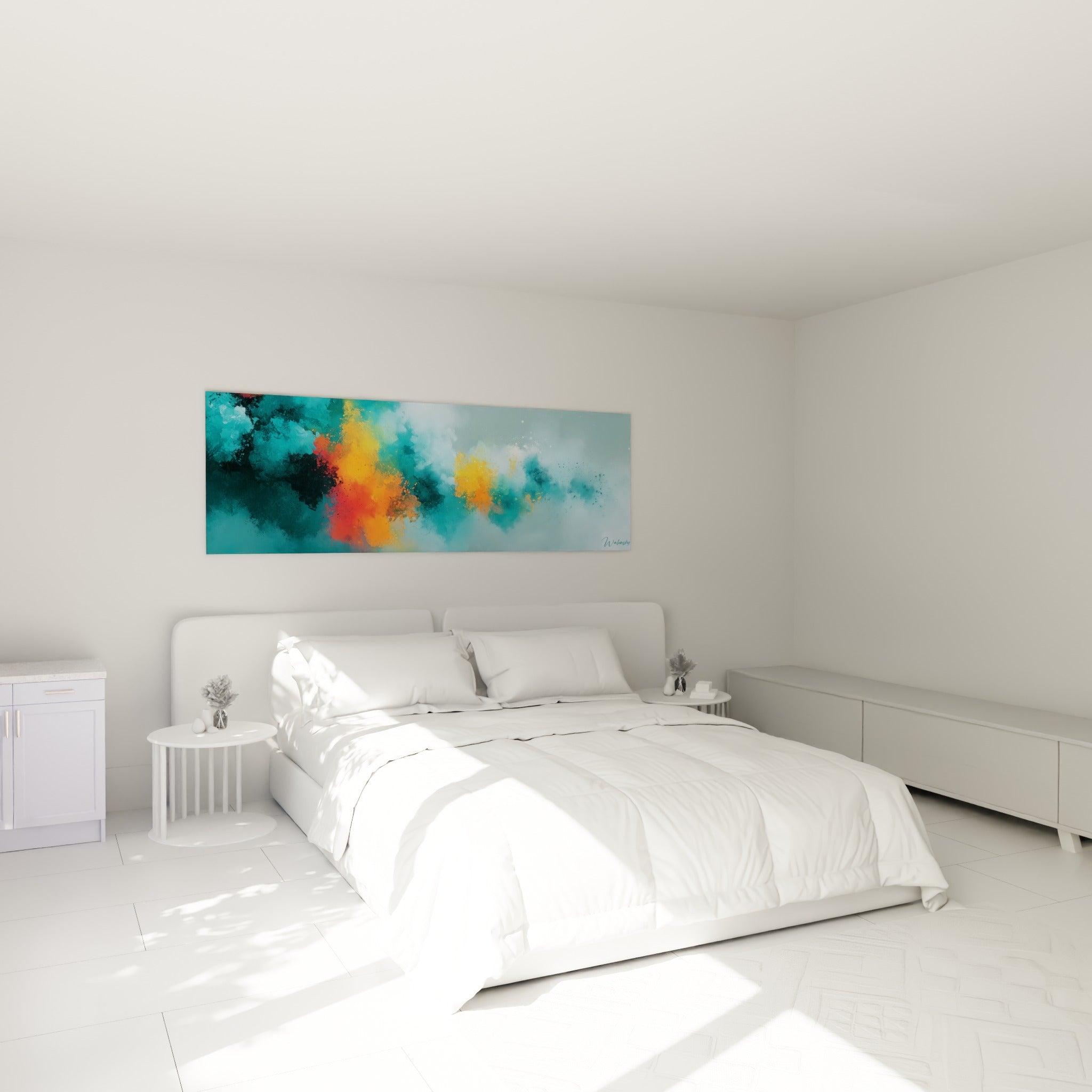 Brume orange et bleu pétrole d'un abstrait coloré, accrochée au-dessus d'un lit dans une chambre claire