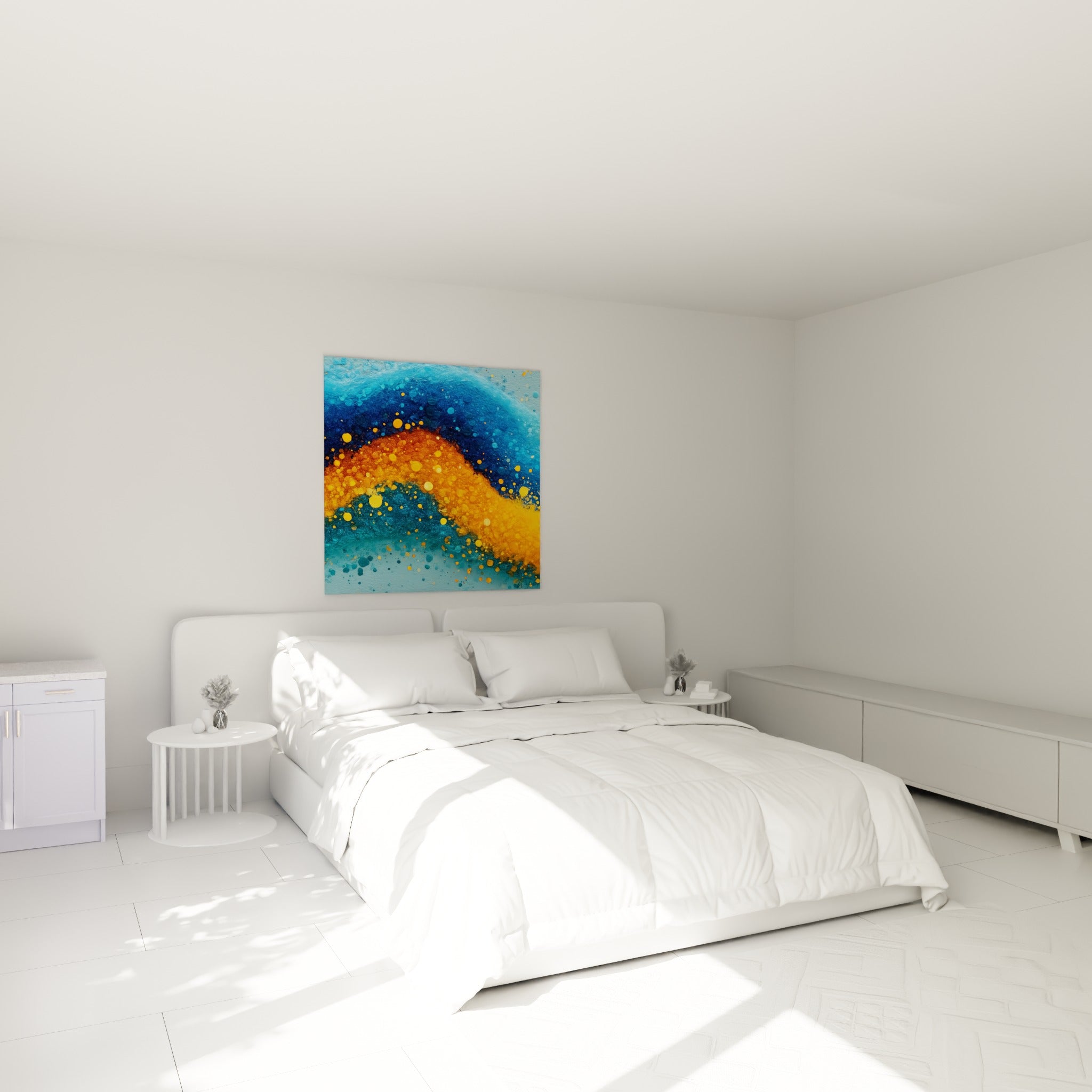 Bulles orange doré et bleu profond formant une vague au-dessus d'un lit dans une chambre claire