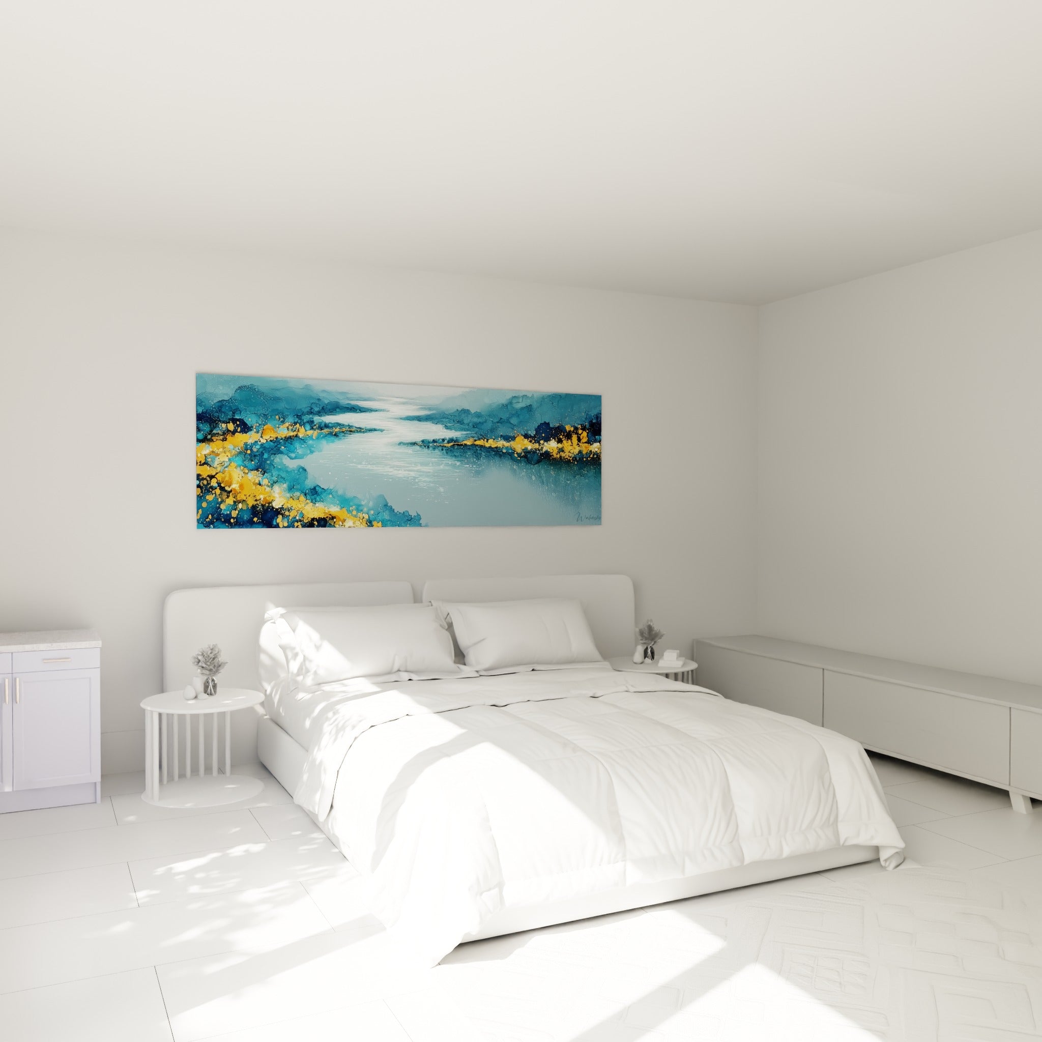 Cours d'eau lumineux bleu pétrole et or, tableau accroché au-dessus d'un lit dans une chambre claire