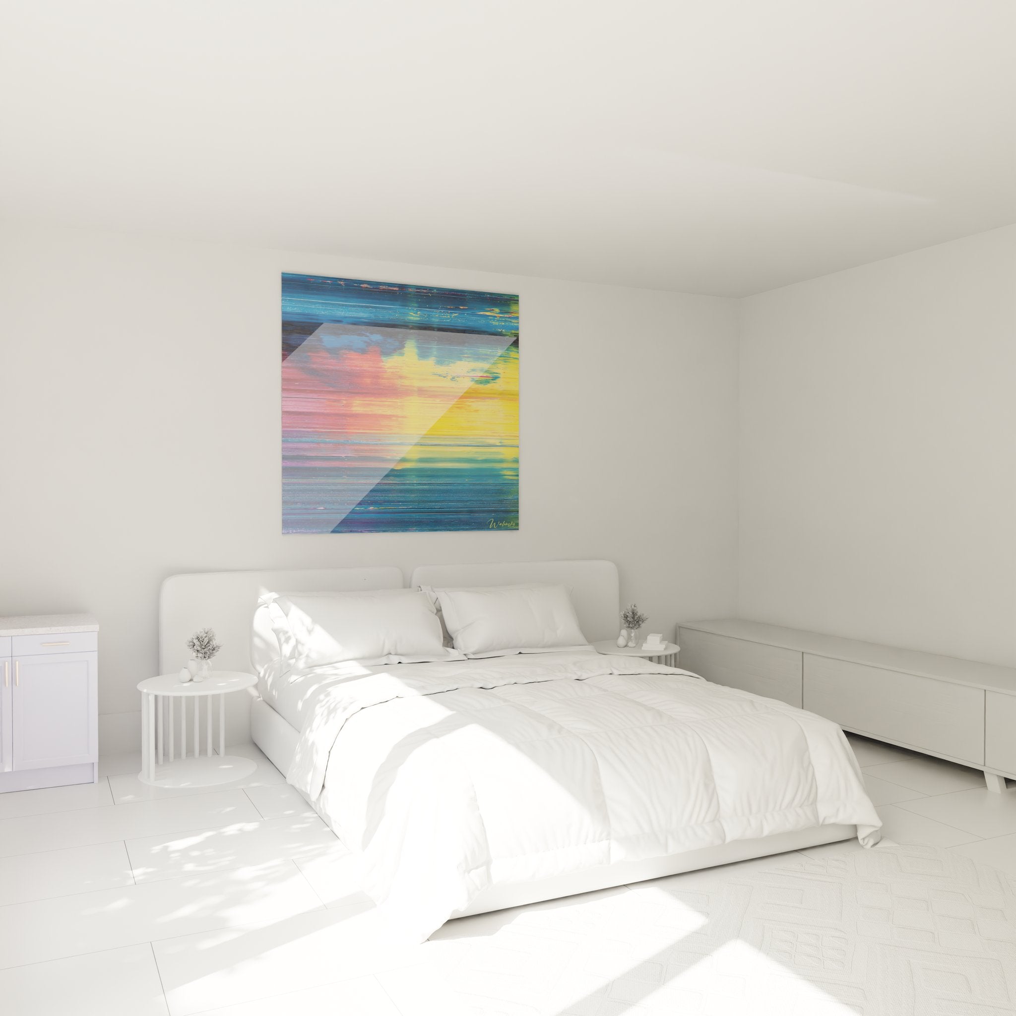 Ambiance chambre avec tableau abstrait coloré horizon vibrant décoration murale moderne