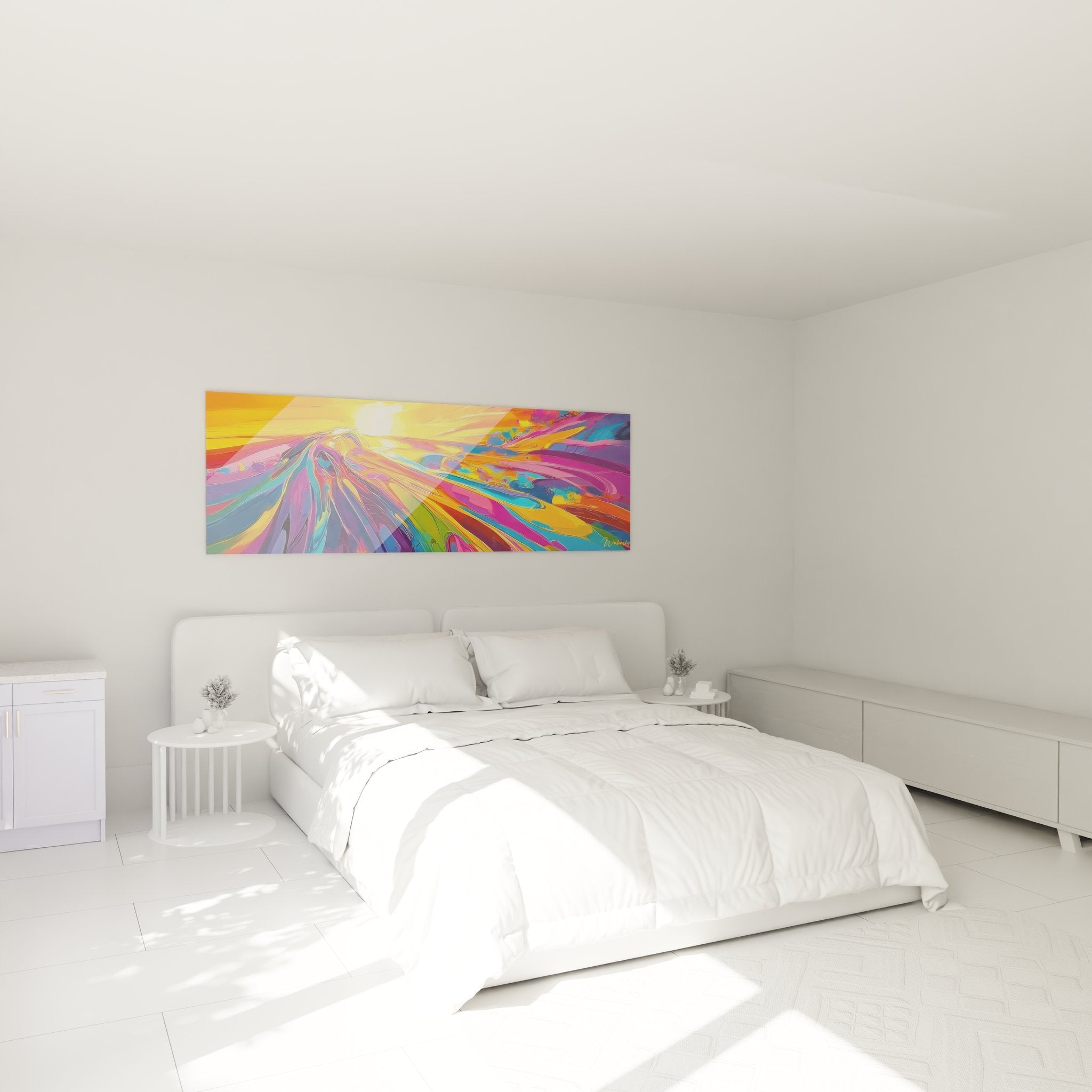 Tableau abstrait coloré dans chambre moderne avec tourbillon de couleurs vives décoration murale design