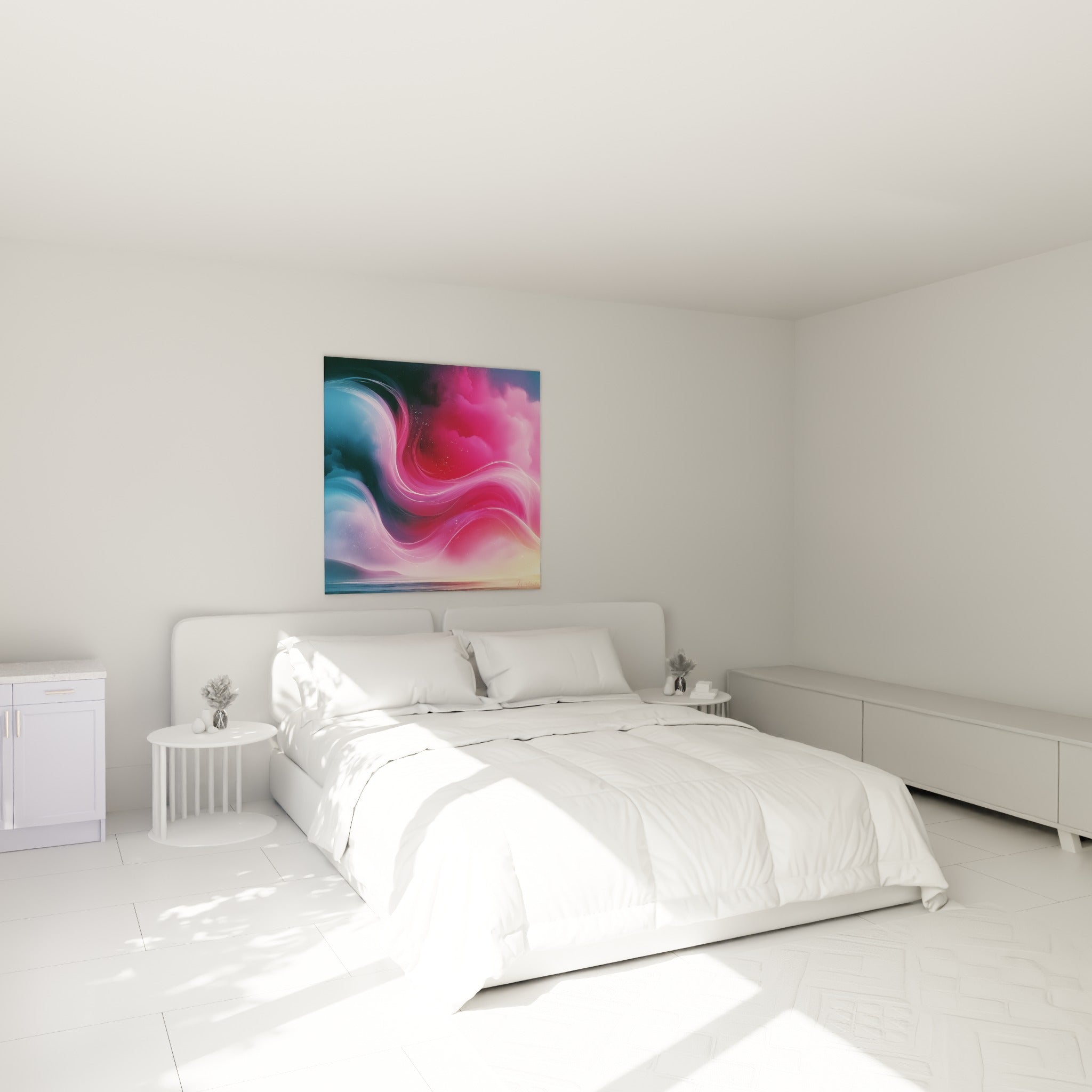 Nuées roses et bleues tourbillonnantes accrochées au-dessus d'un lit dans une chambre claire