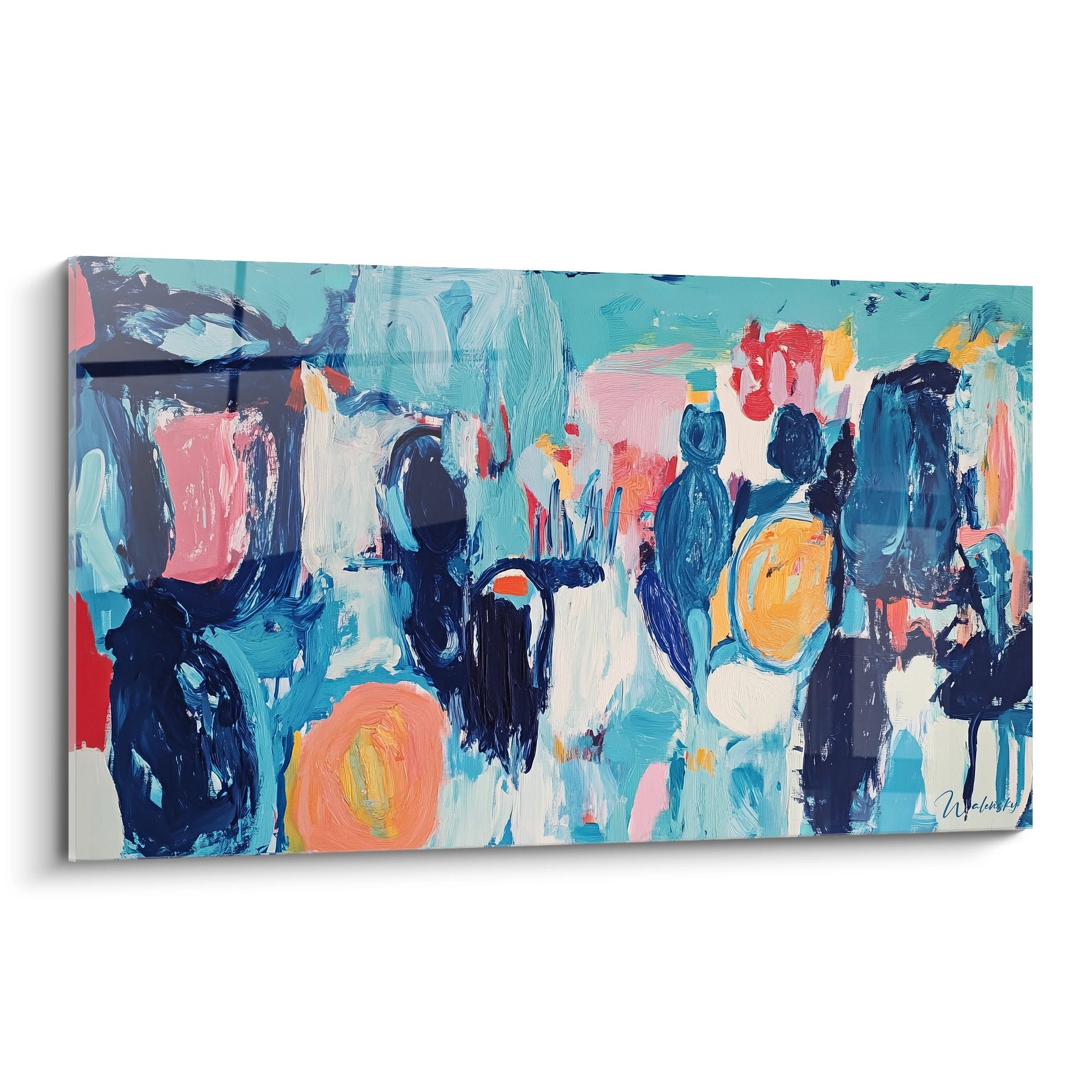 Tableau abstrait coloré moderne avec composition dynamique en bleu rose orange pour décoration murale