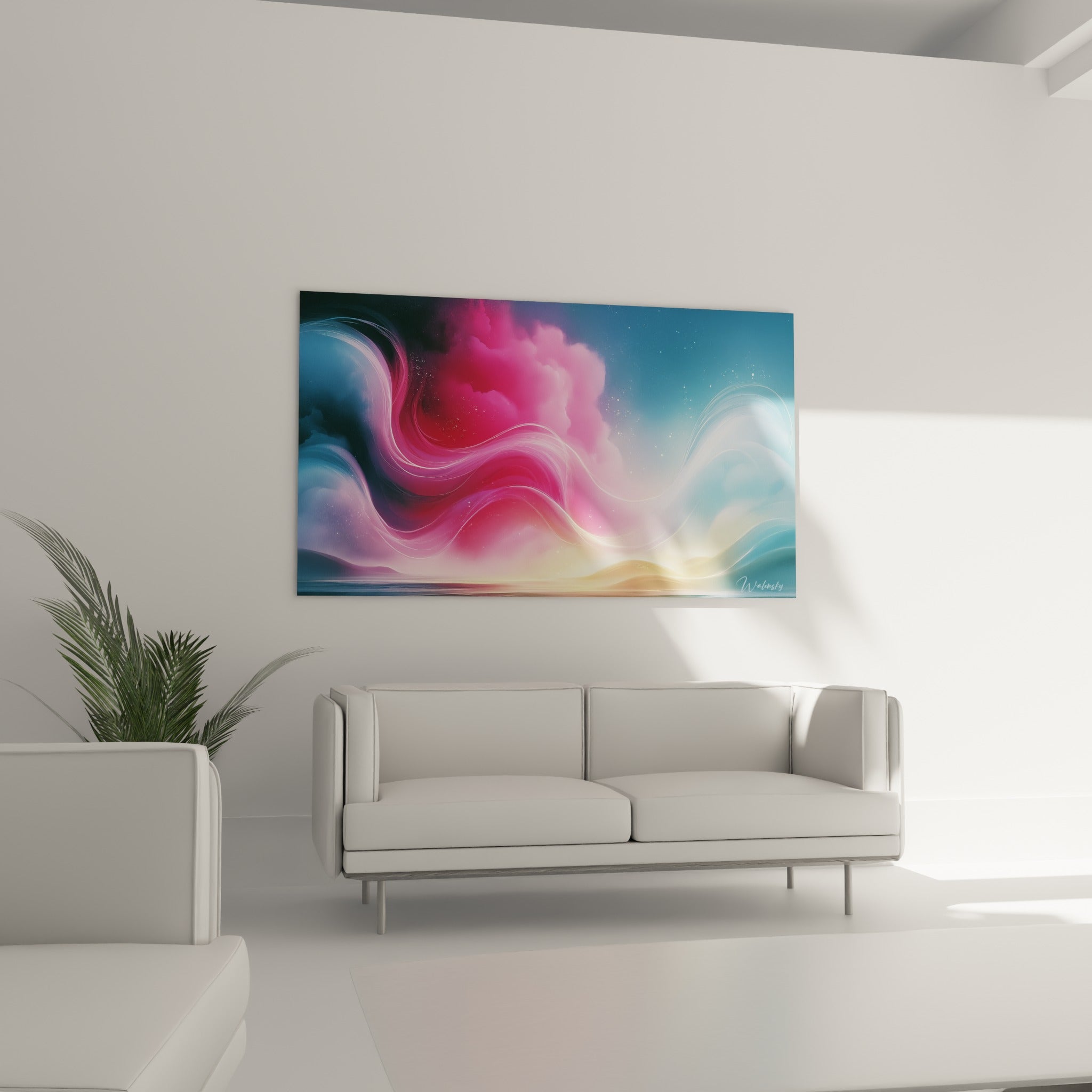 Courbes lumineuses roses et dorées d'un tableau Abstrait Coloré au-dessus d'un canapé dans un salon lumineux