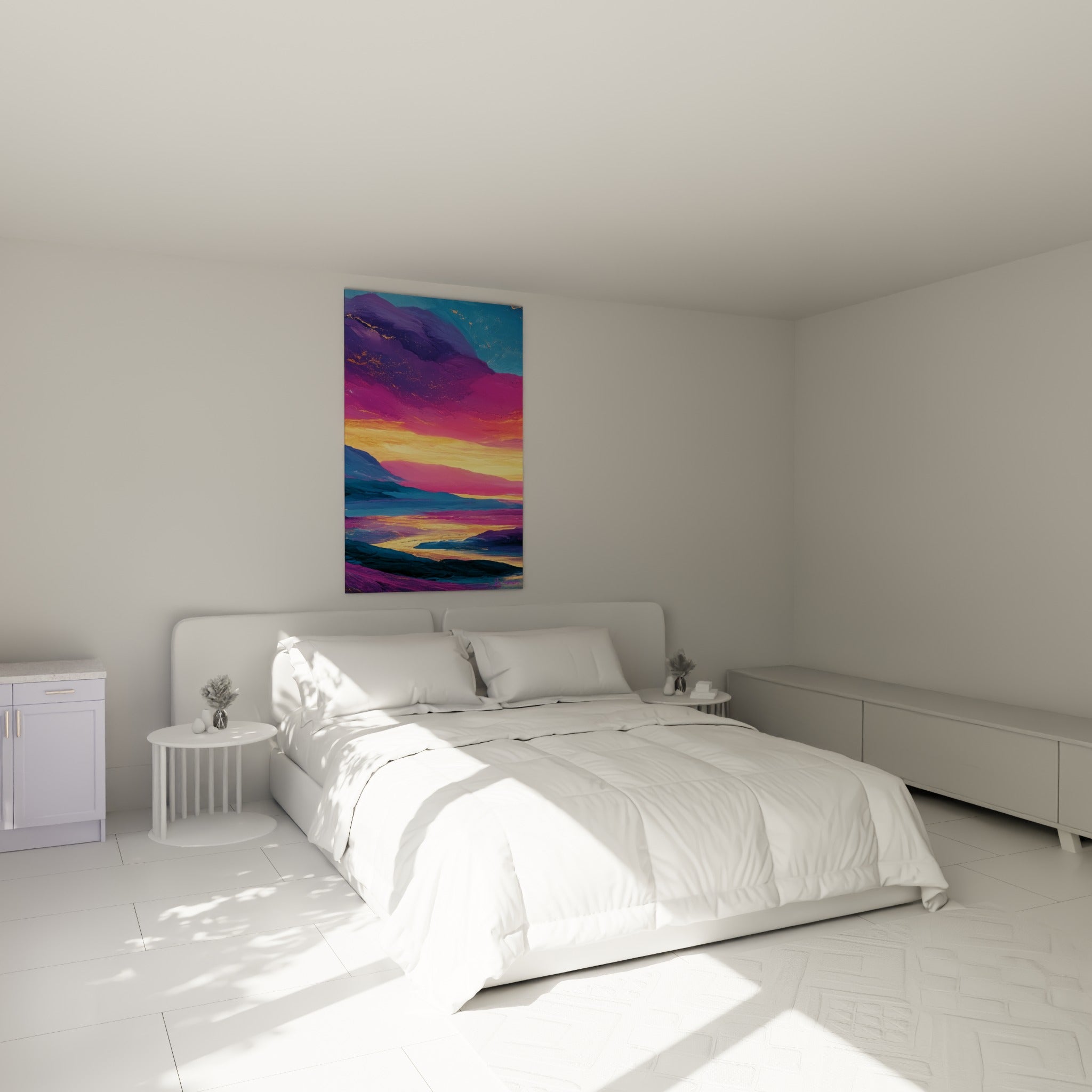 Vallée montagneuse dorée et violette aux courbes fluides, accrochée au-dessus d'un lit dans une chambre claire
