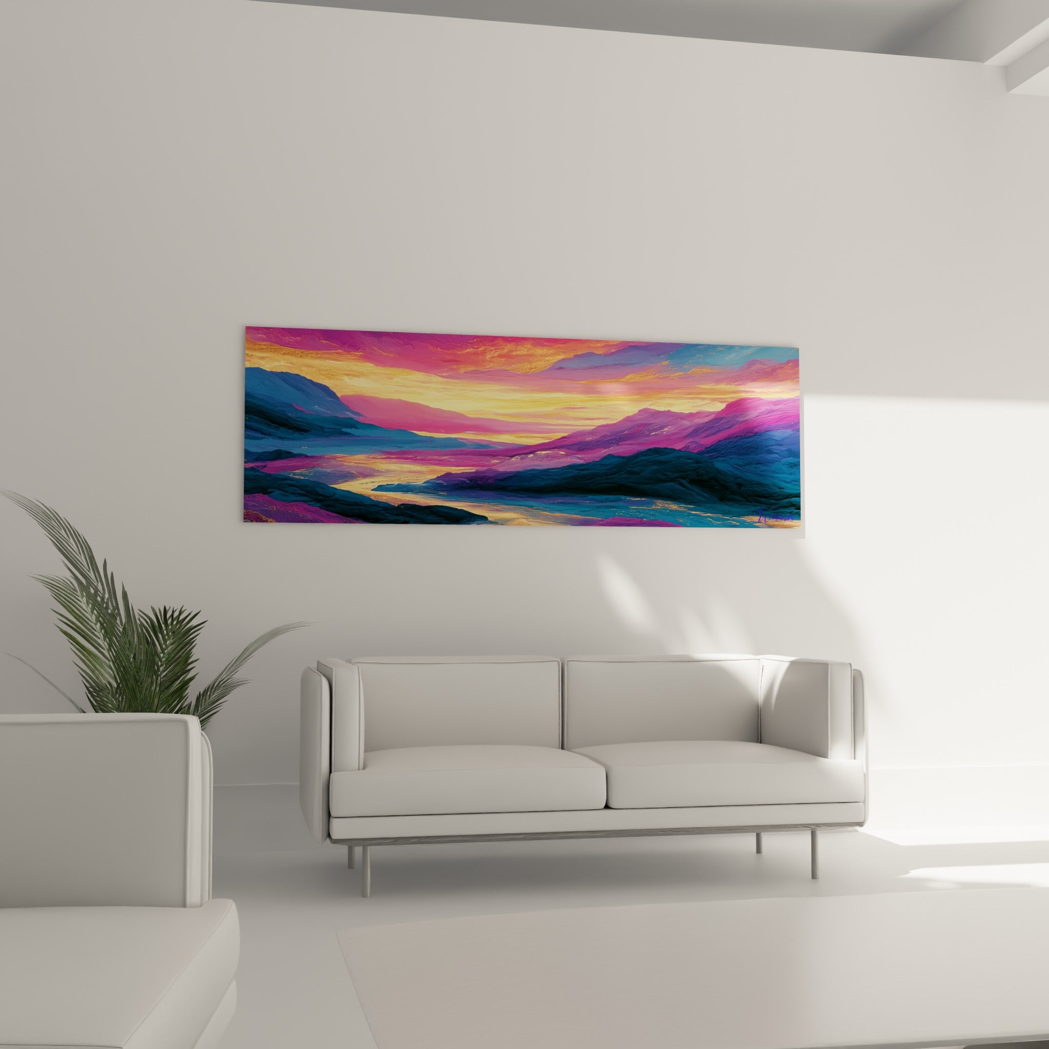Crépuscule violet et orangé sur crêtes bleutées, accroché au-dessus d'un canapé dans un salon lumineux