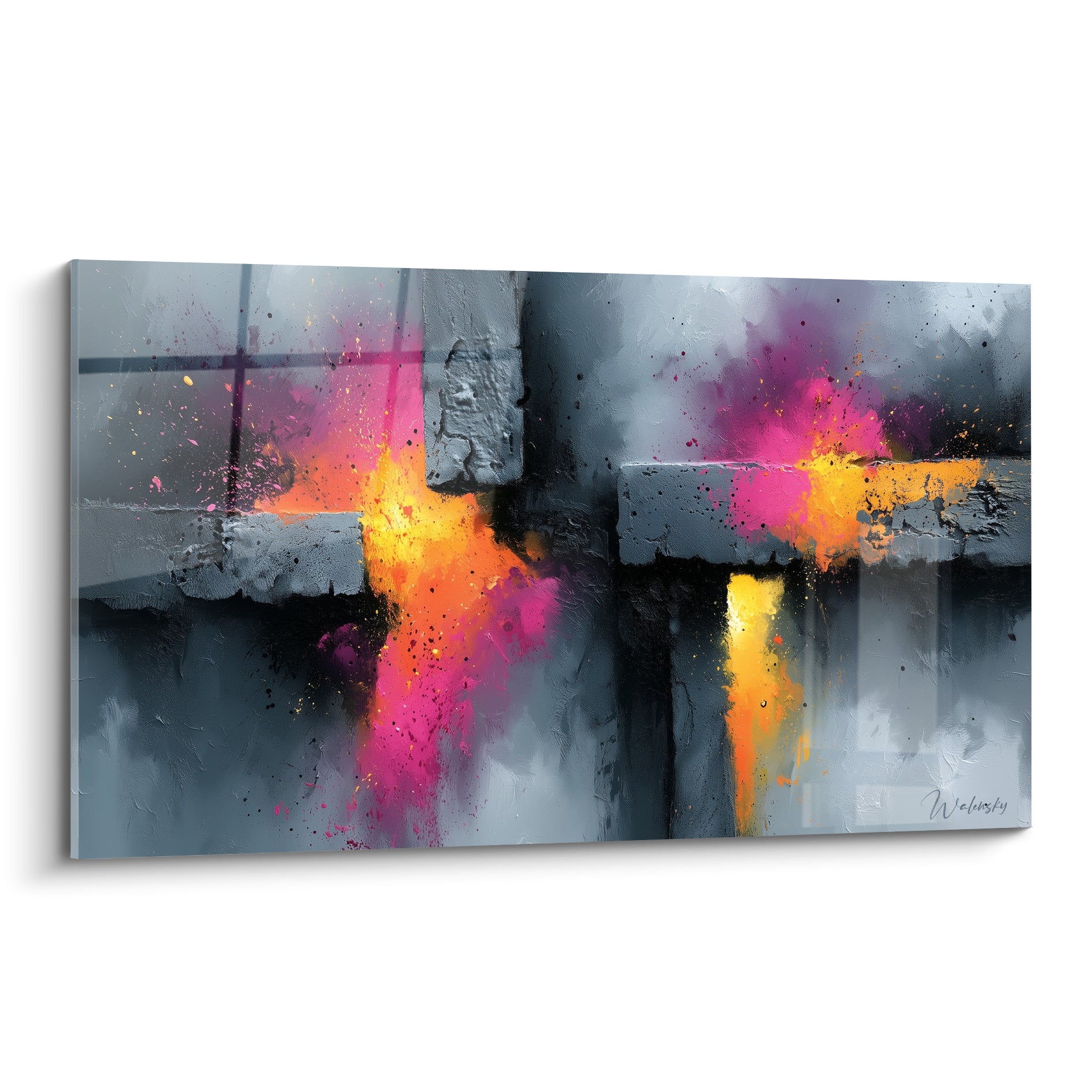 Croix de béton gris fracturées par des éclats magenta et safran, composition abstraite intense