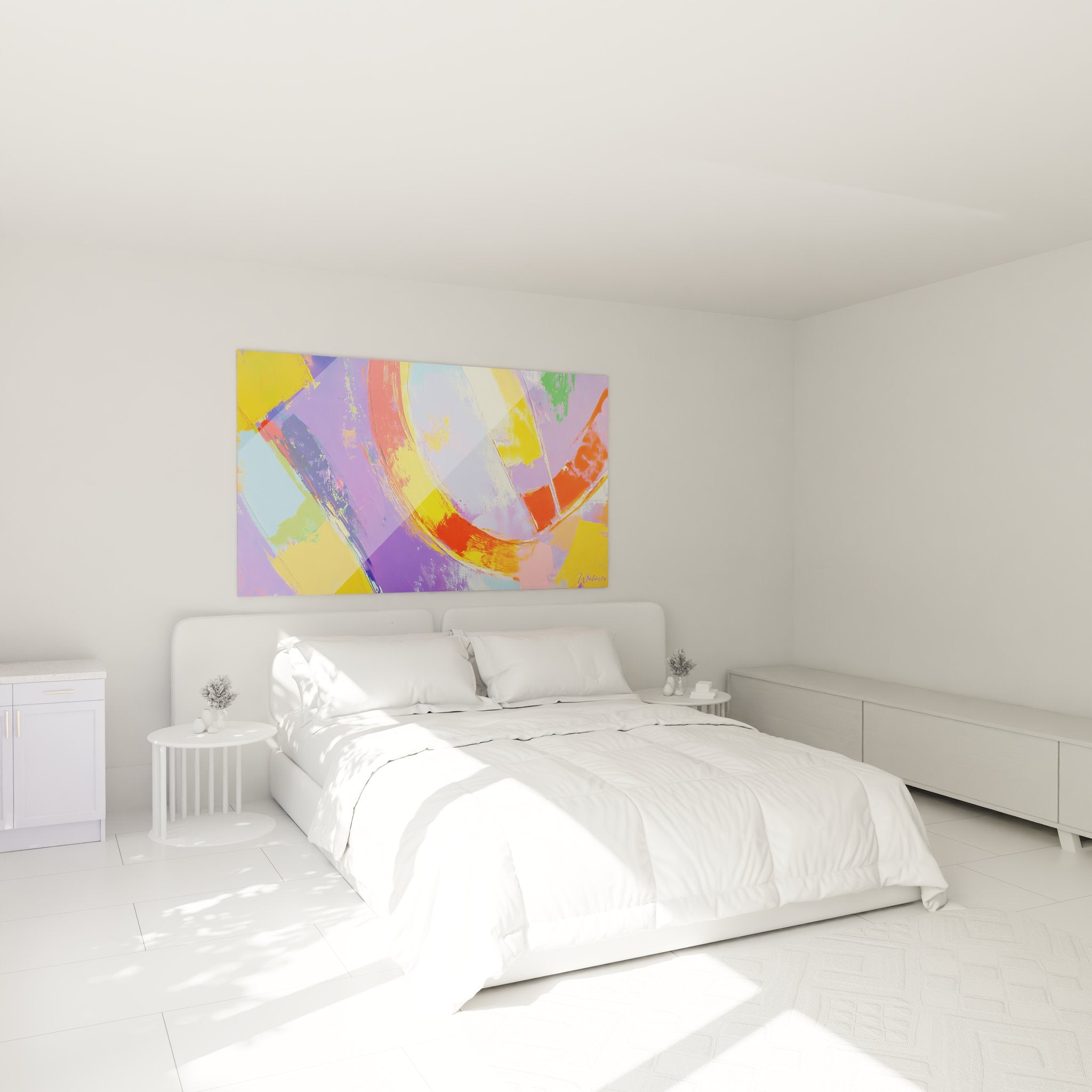 Tableau mural abstrait coloré décorant une chambre moderne avec couleurs vives énergisantes