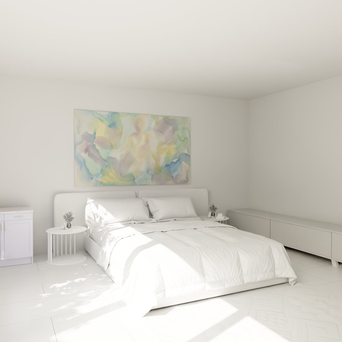 Dégradés mauve pastel et vert menthe fondus ensemble, tableau abstrait coloré au-dessus d'un lit dans une chambre claire