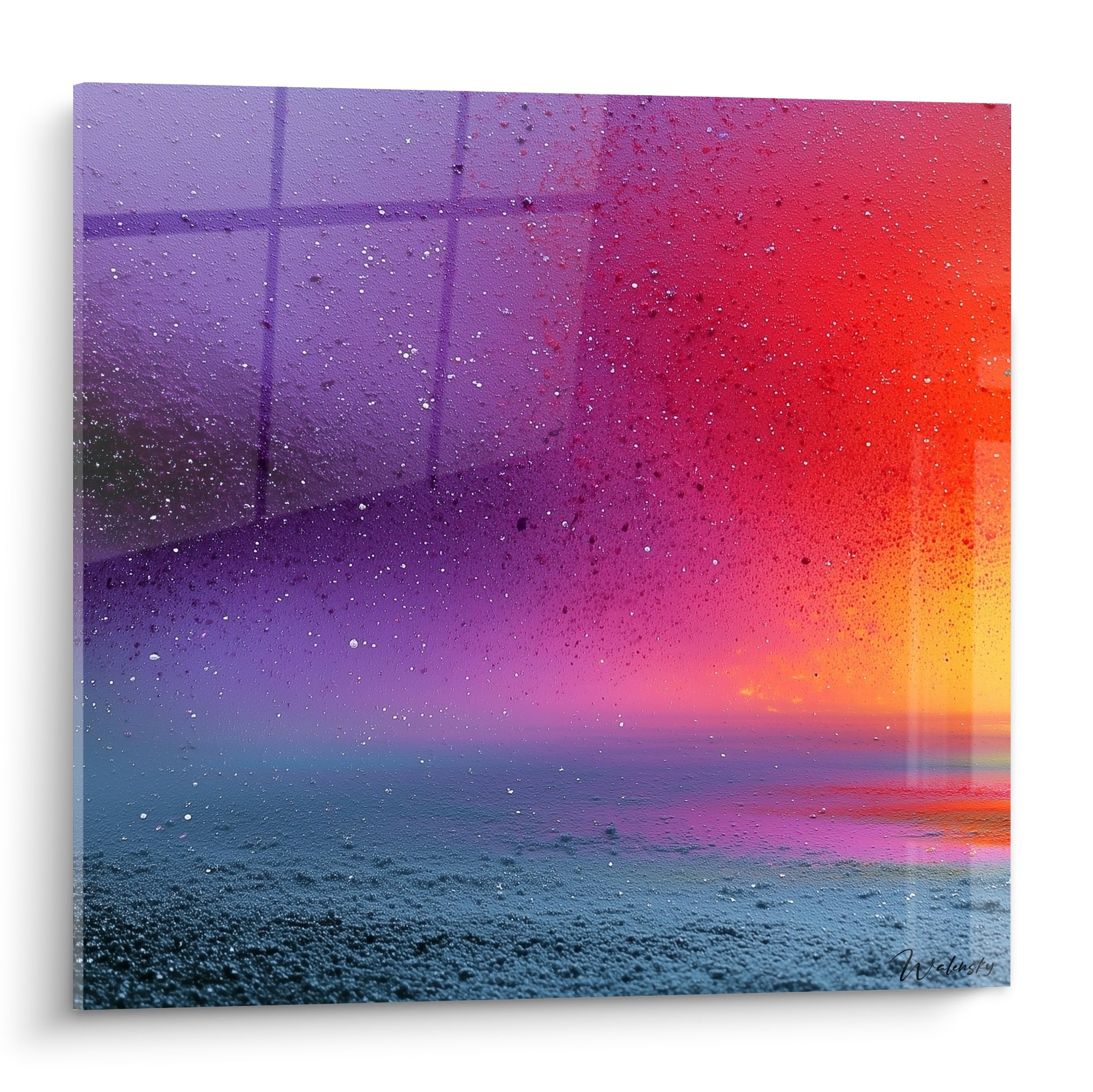 Dégradé violet et rouge granuleux, texture embuée, lever de soleil abstrait sur toile