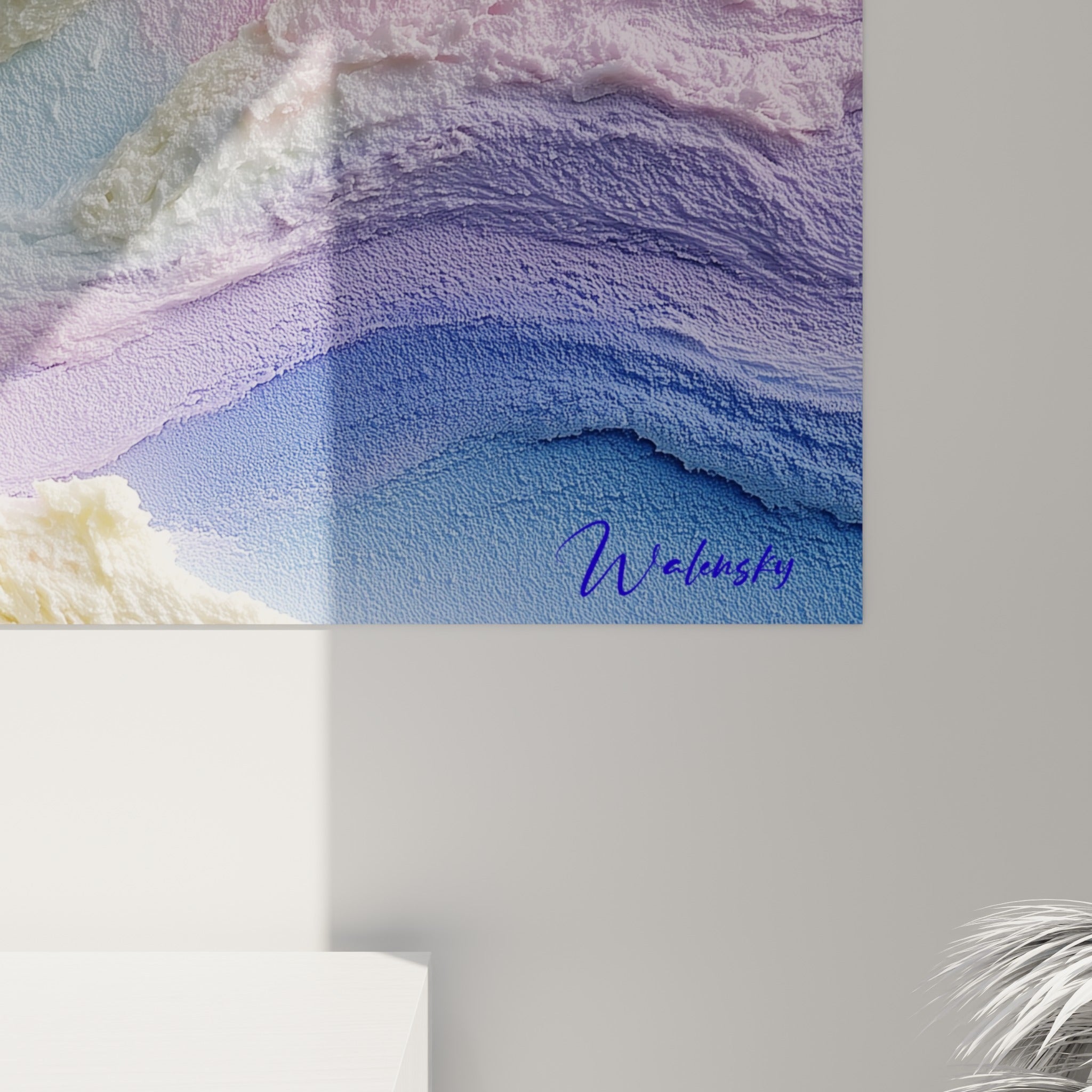 Matière épaisse et granuleuse où rose, violet et blanc crème se mêlent en coulures sculptées, détail du tableau Abstrait Coloré