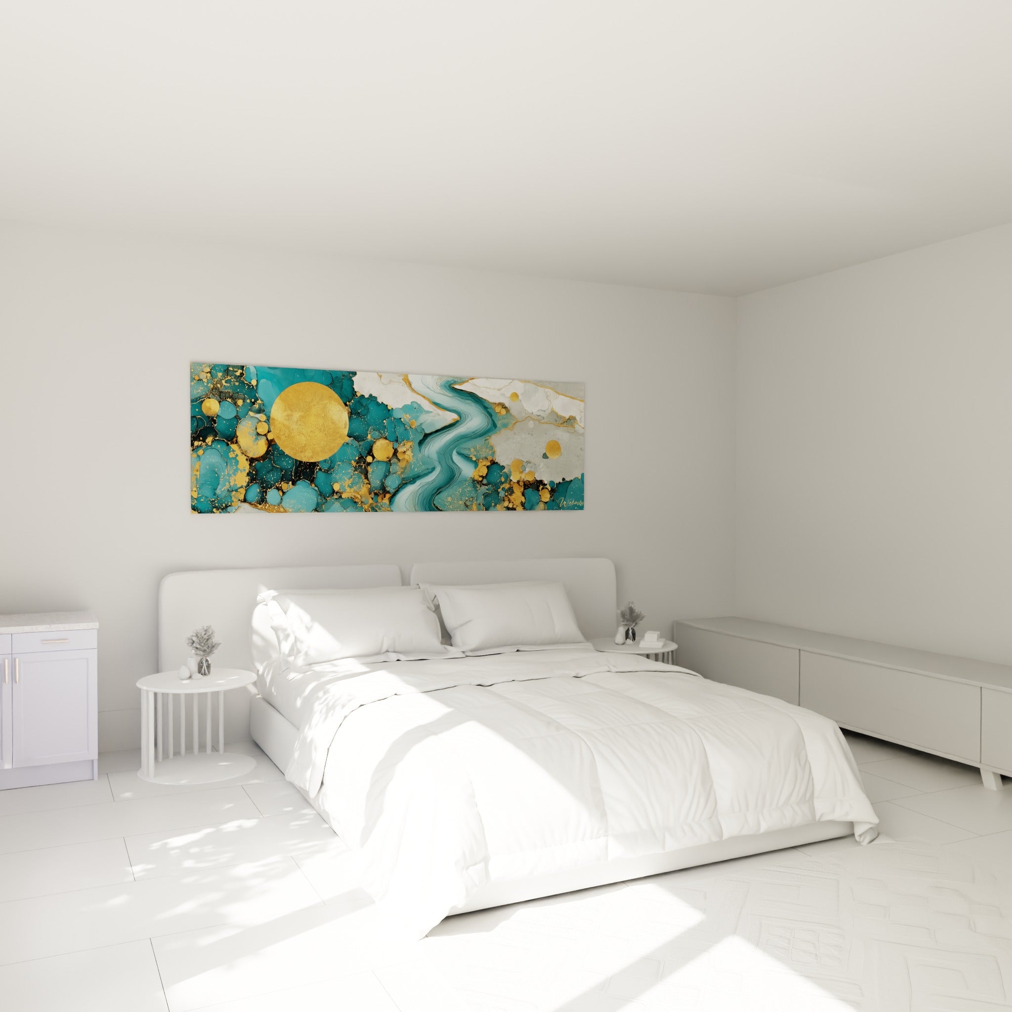 Disque doré et rivière sarcelle sinueuse au-dessus d'un lit dans une chambre claire