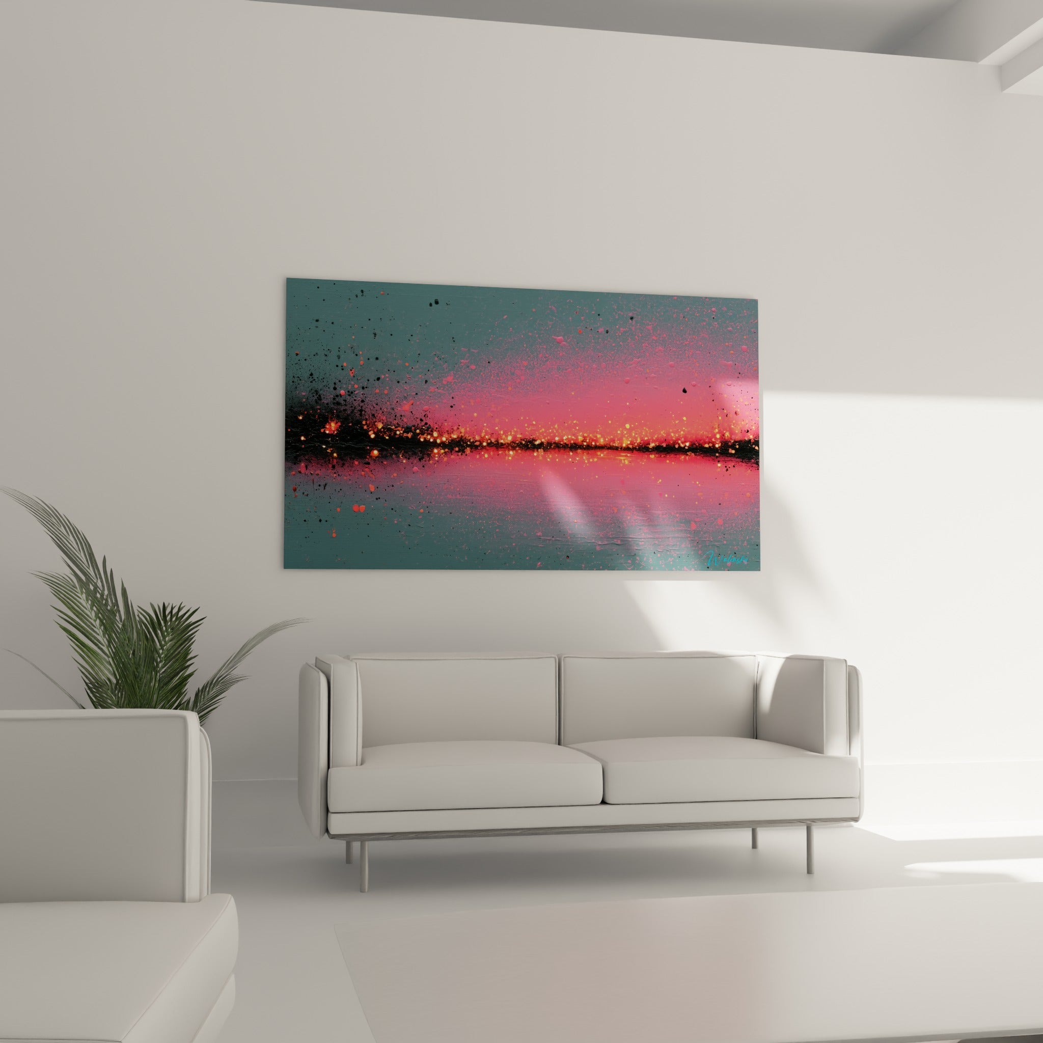 Ligne lumineuse rose et noire sur fond gris, œuvre abstraite au-dessus d'un canapé dans un salon lumineux