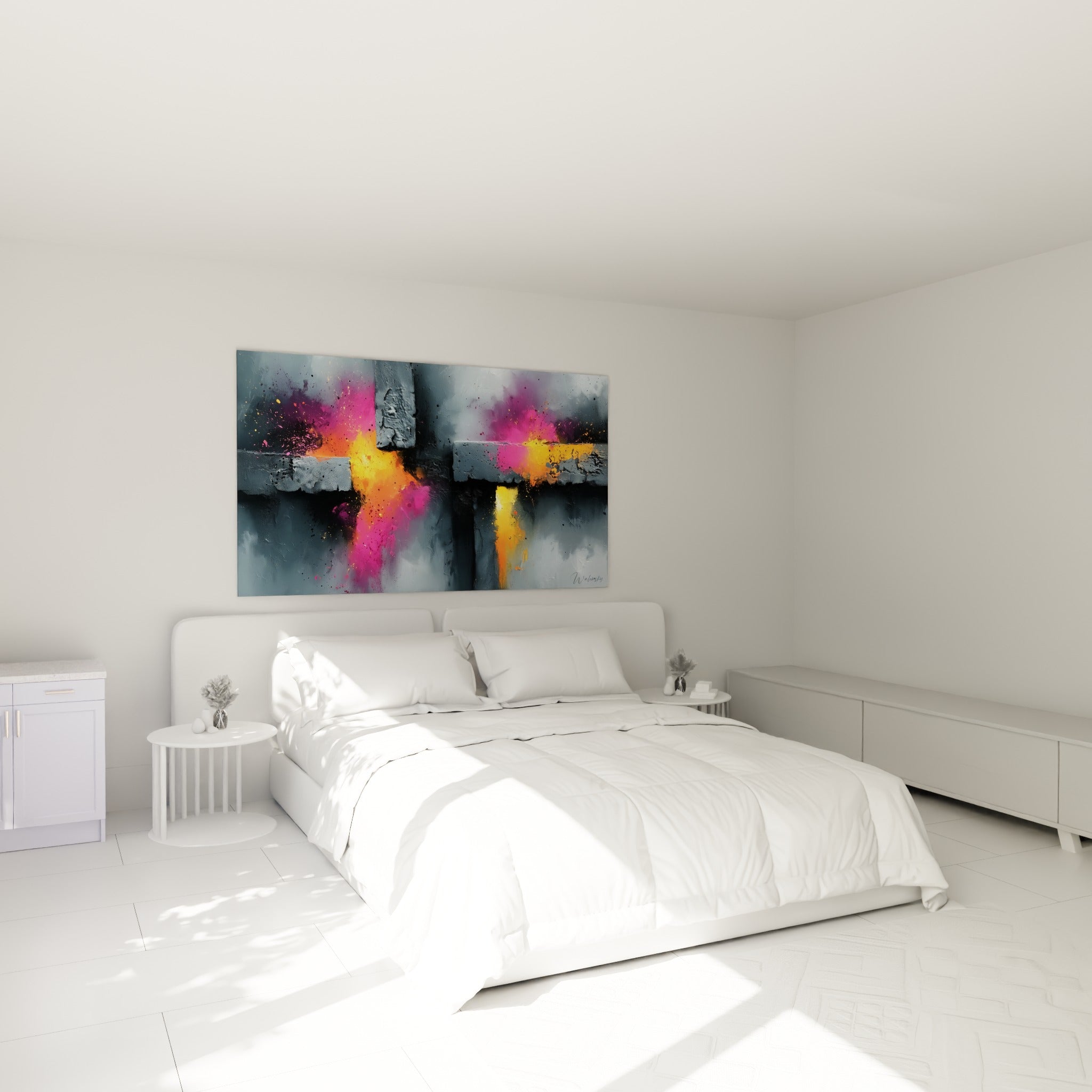 Éclaboussures orangées et roses traversant un fond gris anthracite, au-dessus d'un lit dans une chambre claire