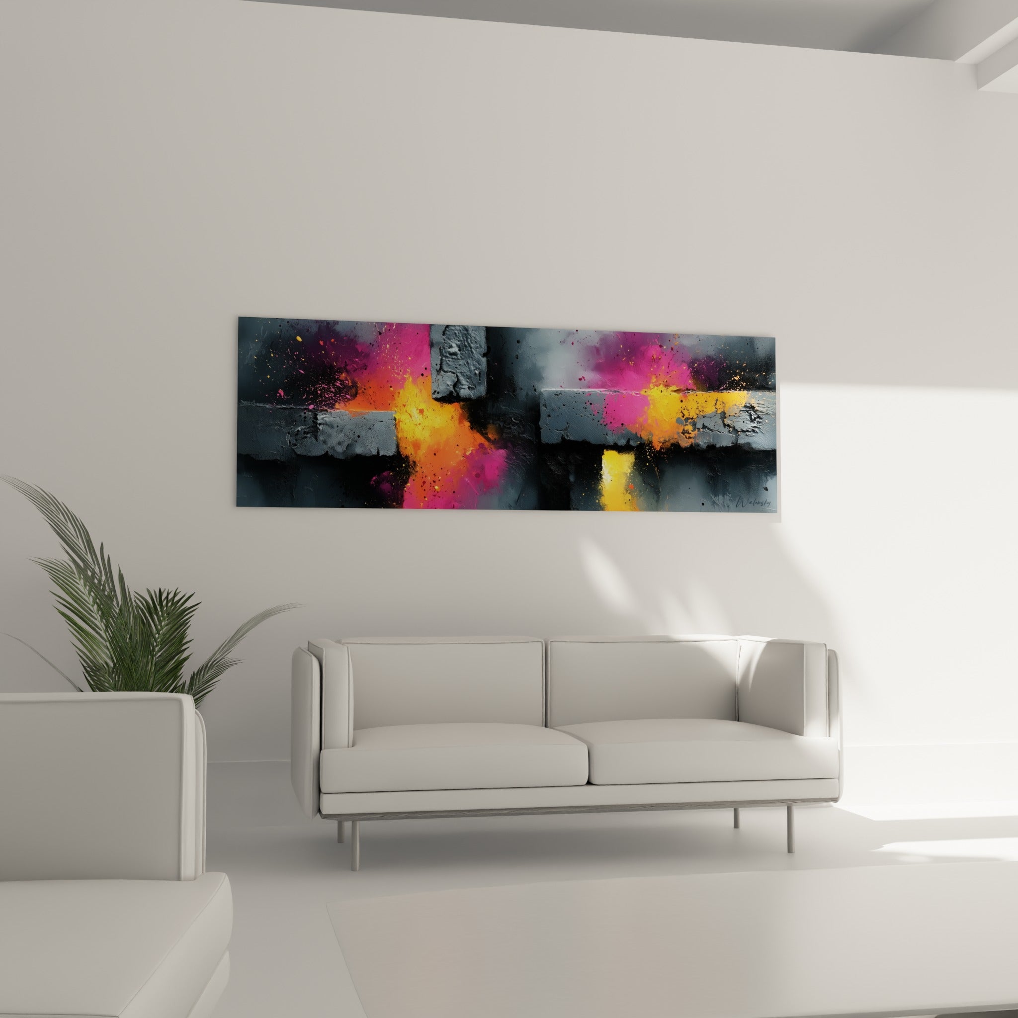 Éclats orange et rose vif sur structure grise de ce tableau Abstrait Coloré, au-dessus d'un canapé dans un salon lumineux