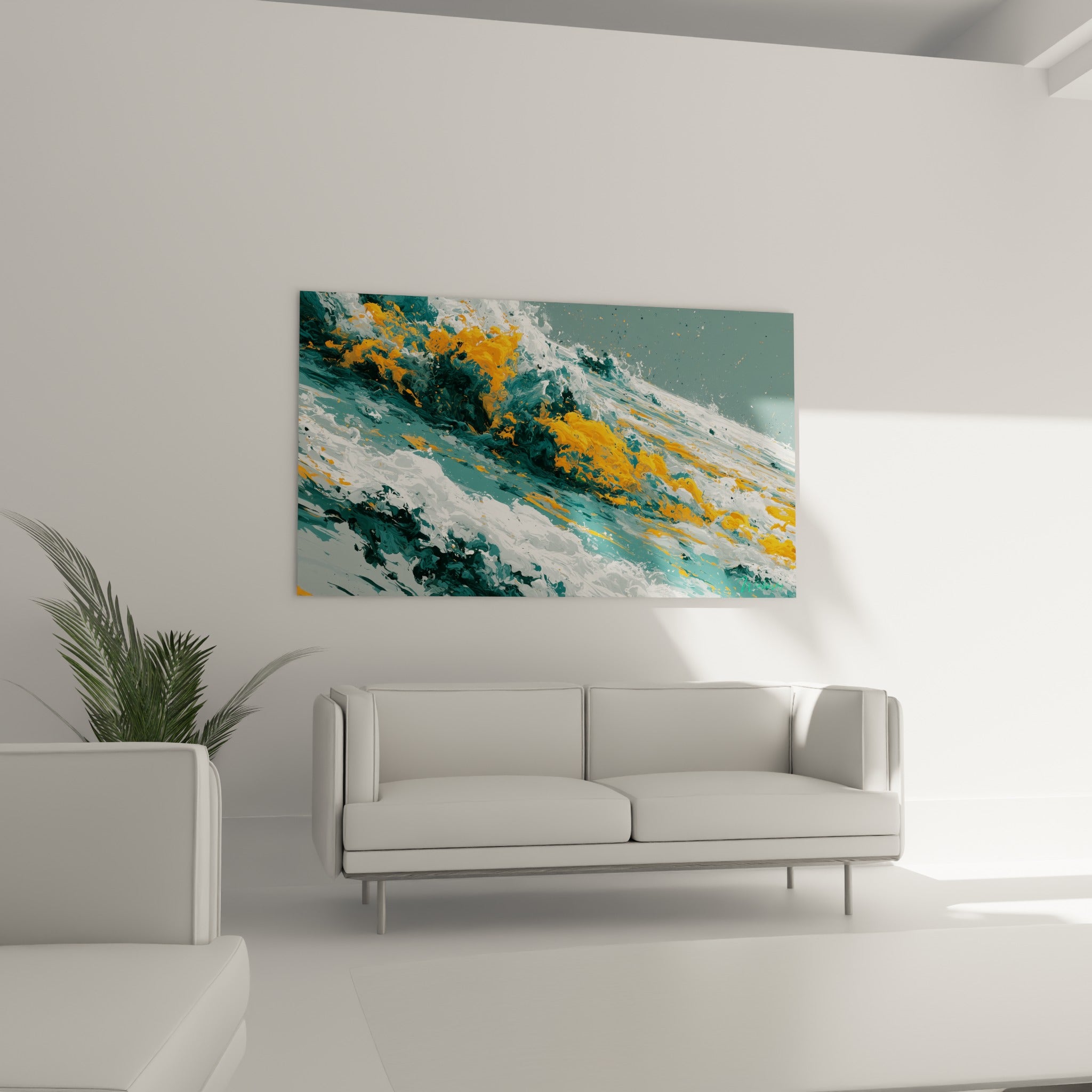 Composition marine turquoise et orange incandescent accrochée au-dessus d'un canapé dans un salon lumineux