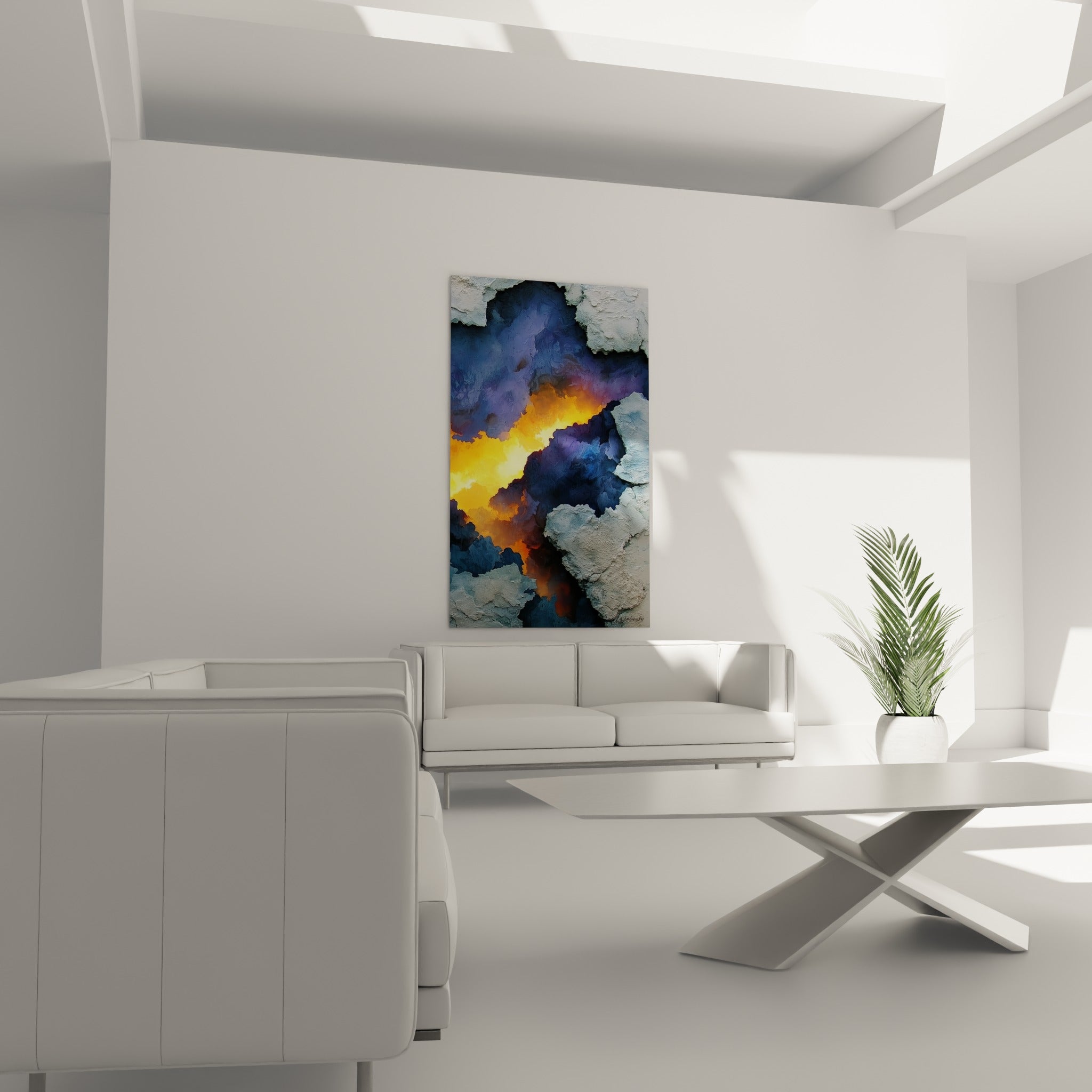 Lumière ambrée jaillissant d'une crevasse bleu ardoise, au-dessus d'un canapé dans un salon lumineux
