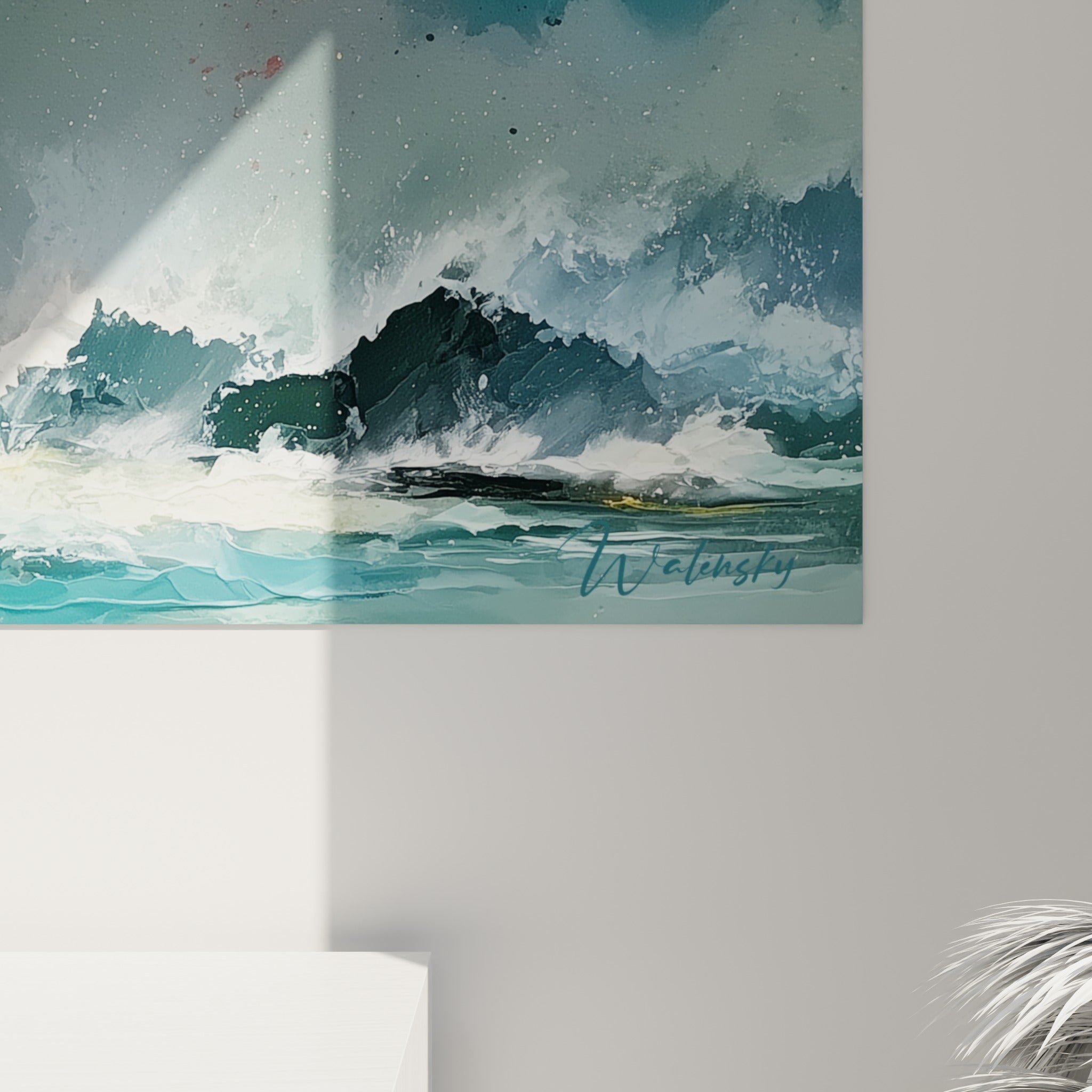 Empâtements jaunes et coulures orangées se mêlent au bleu pétrole, révélant la matière dense de ce tableau abstrait coloré