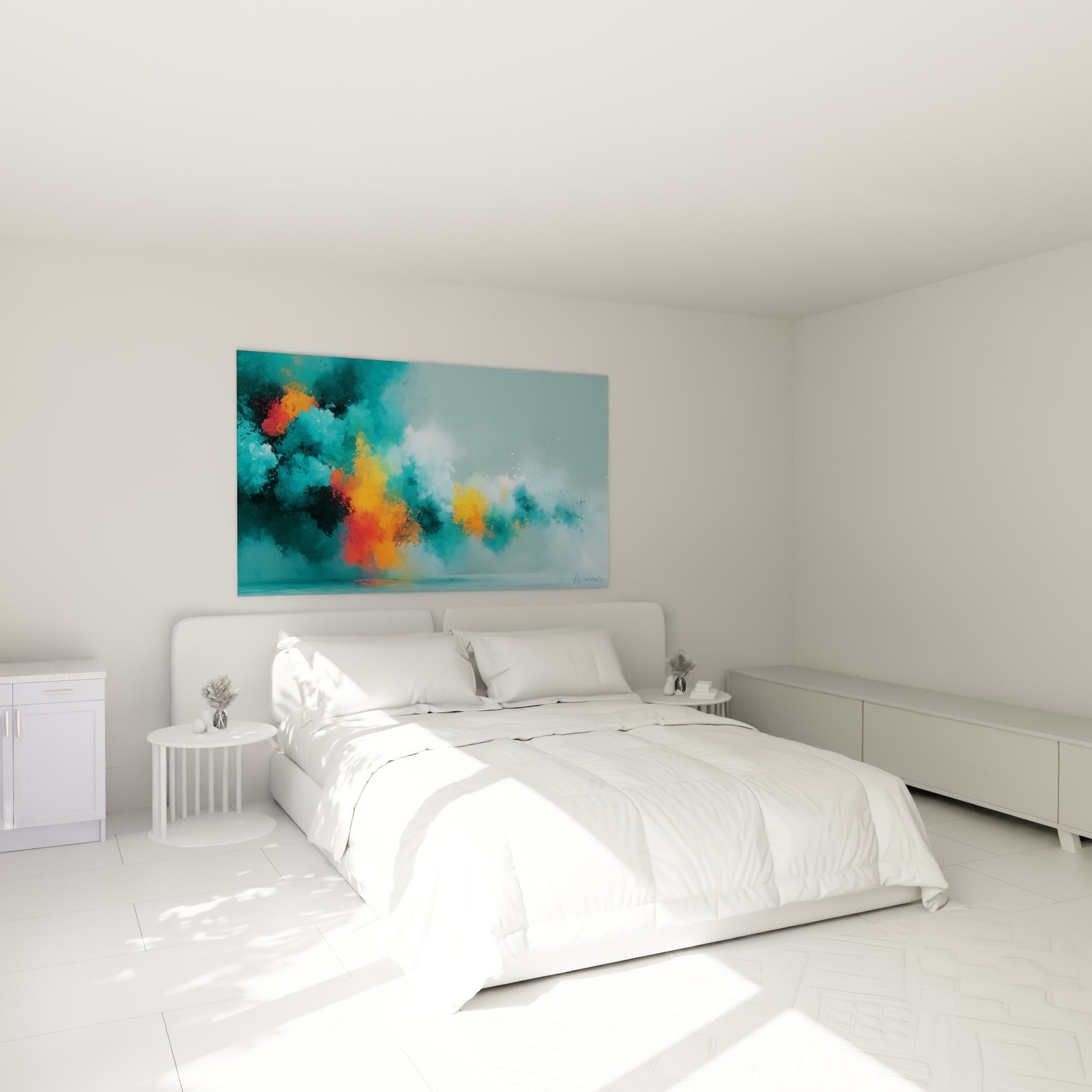 Explosion picturale turquoise et orange ambré, accrochée au-dessus d'un lit dans une chambre claire