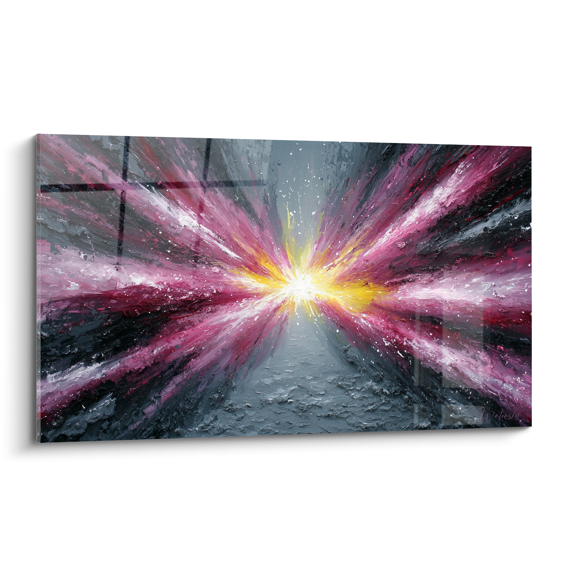 Explosion abstraite dorée et fuchsia sur fond anthracite, empâtements épais au couteau