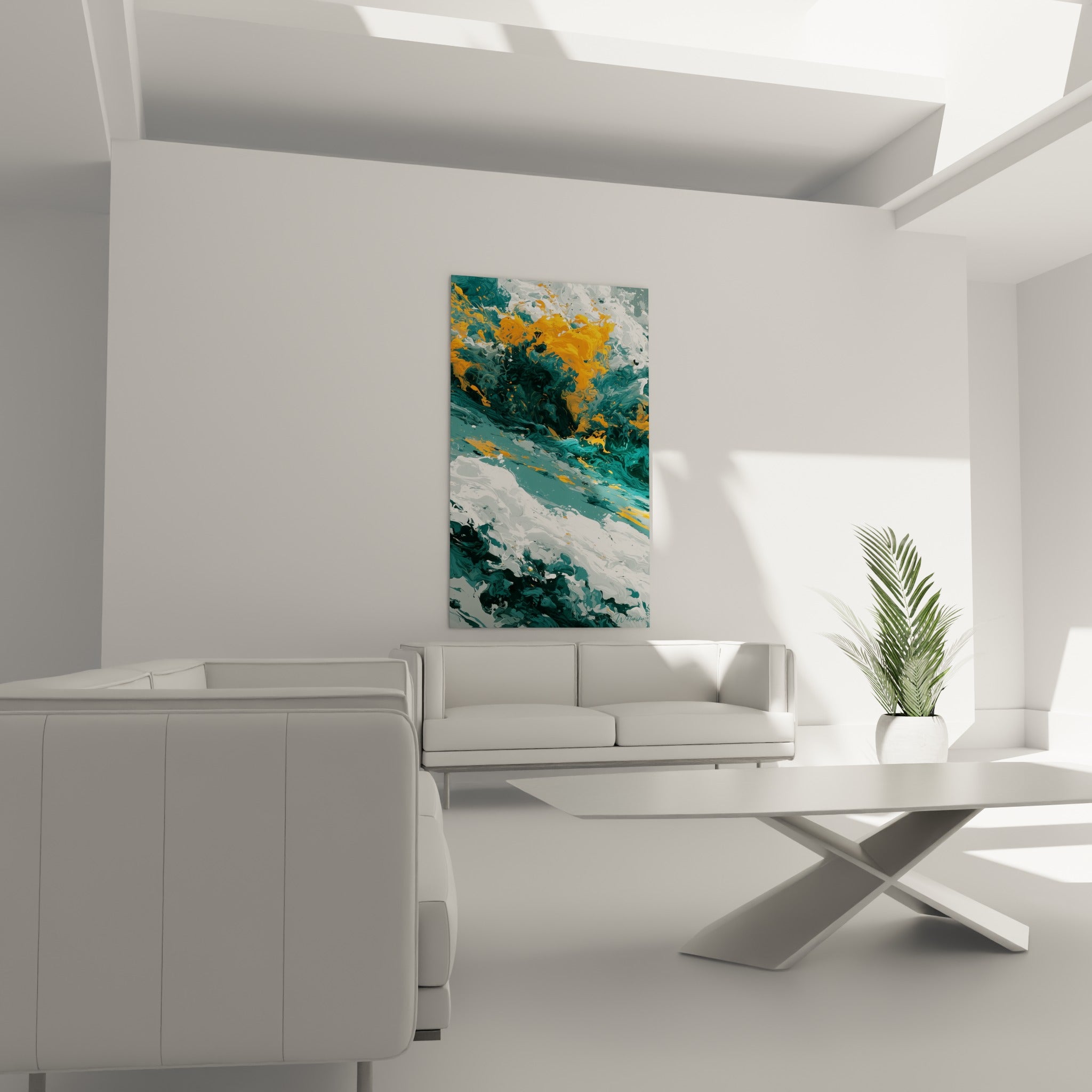 Explosion orange sur fond bleu sarcelle profond, tableau accroché au-dessus d'un canapé dans un salon lumineux