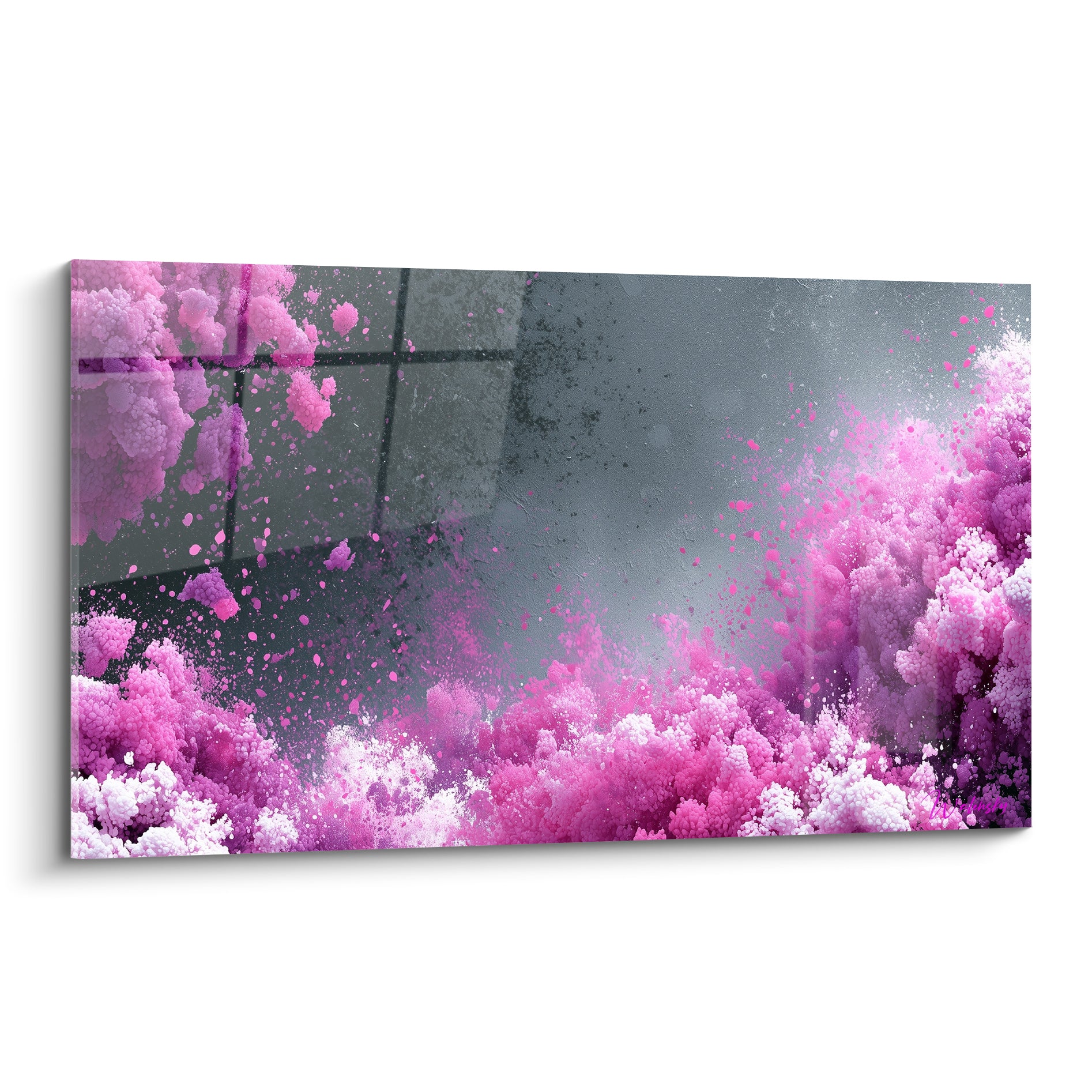 Explosion de poudre rose fuchsia et blanche sur fond anthracite texturé, composition abstraite dynamique