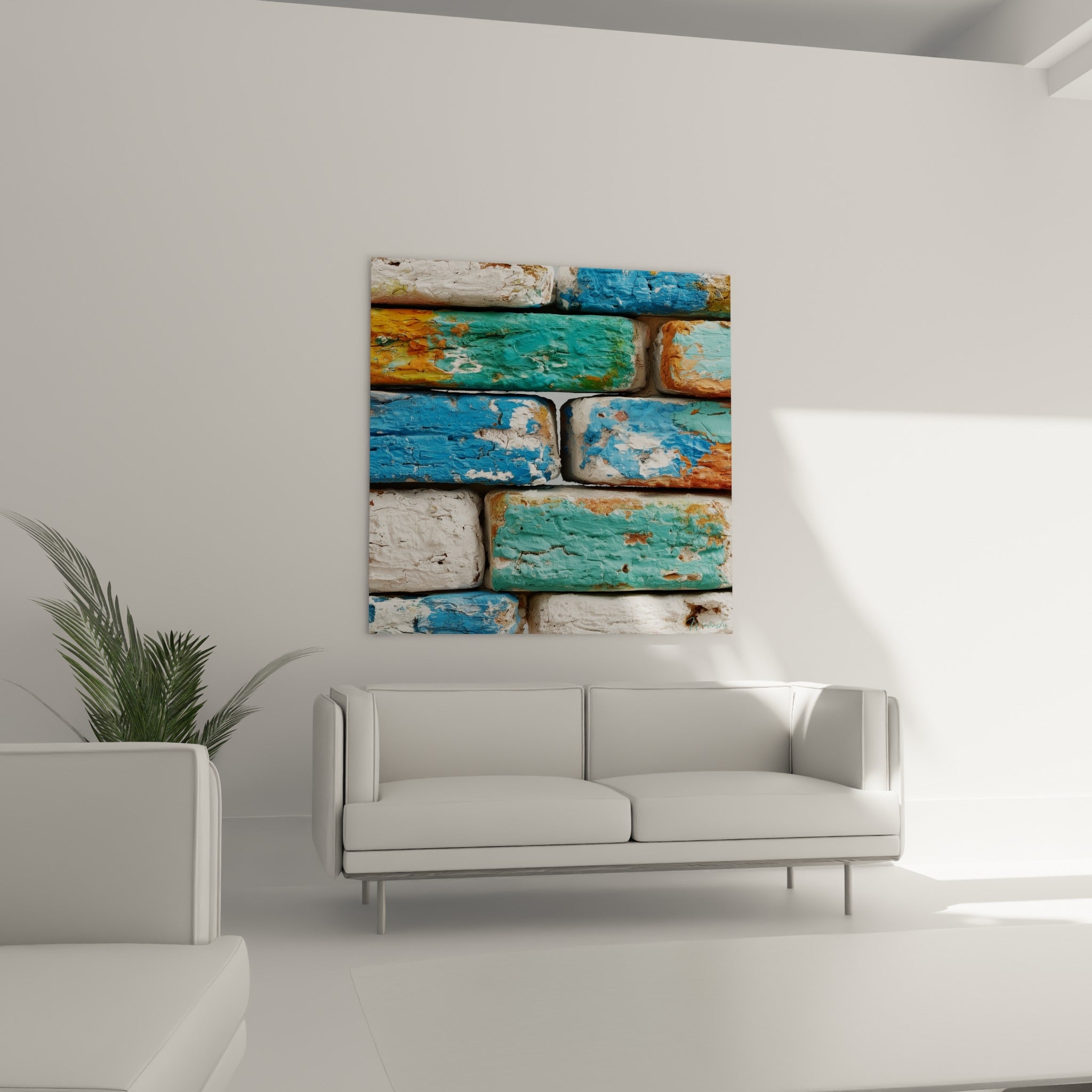 Façade patinée aux tons turquoise et terracotta accrochée au-dessus d'un canapé dans un salon lumineux
