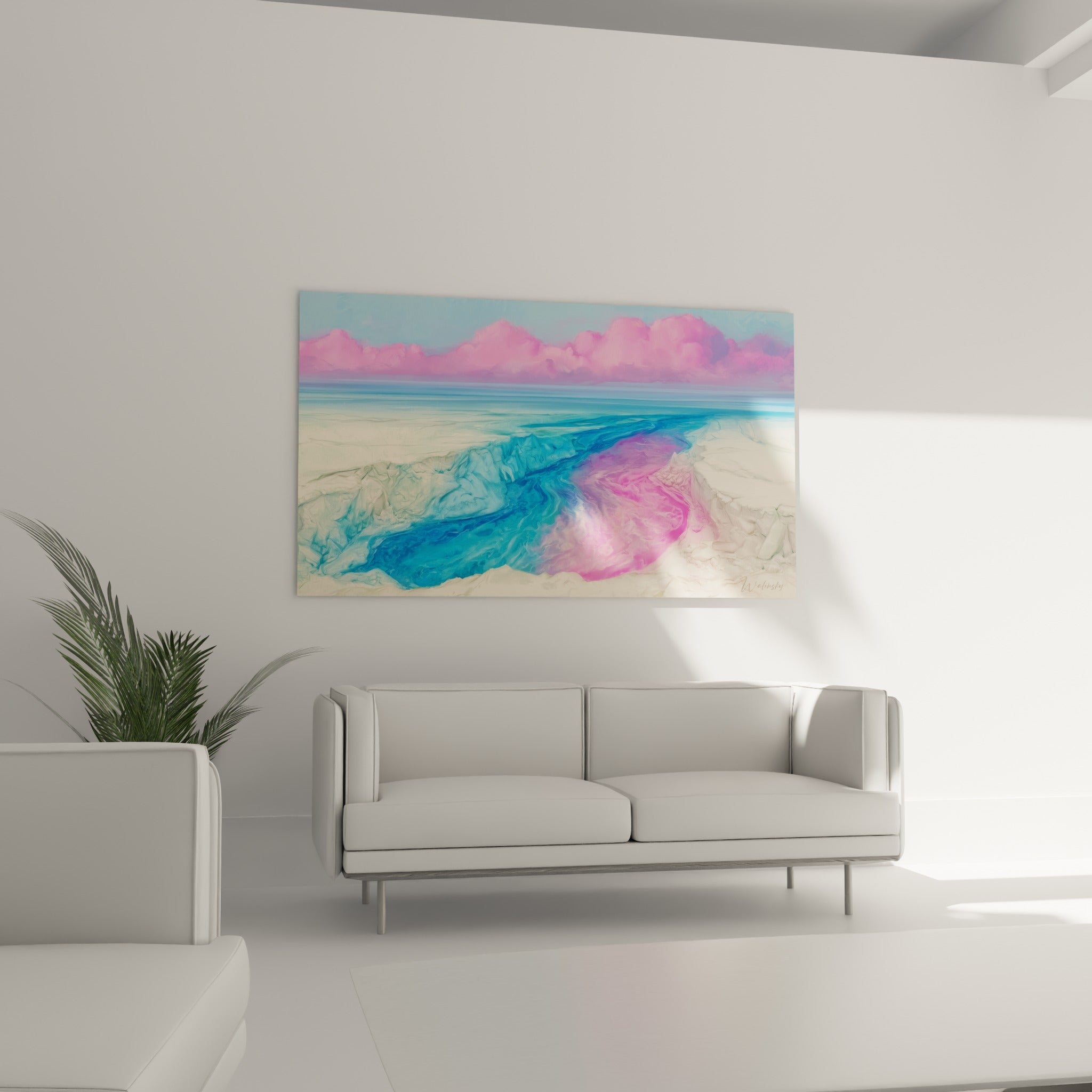 Rivière colorée bleu et rose serpentant entre des rives beiges, au-dessus d'un canapé dans un salon lumineux