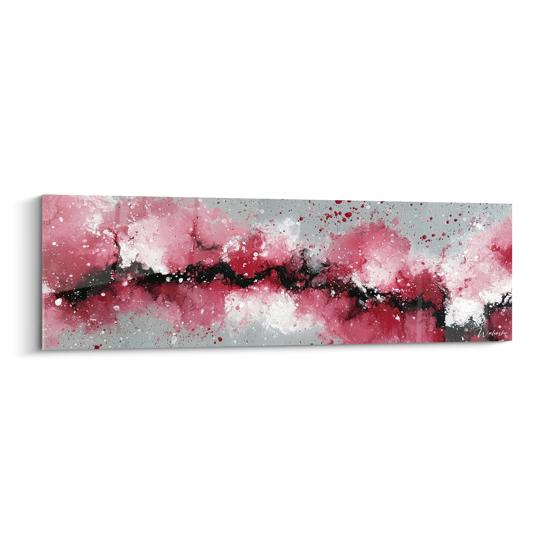 Faille noire et rouge grenat traverse ce tableau Abstrait Coloré sur fond gris éclaboussé