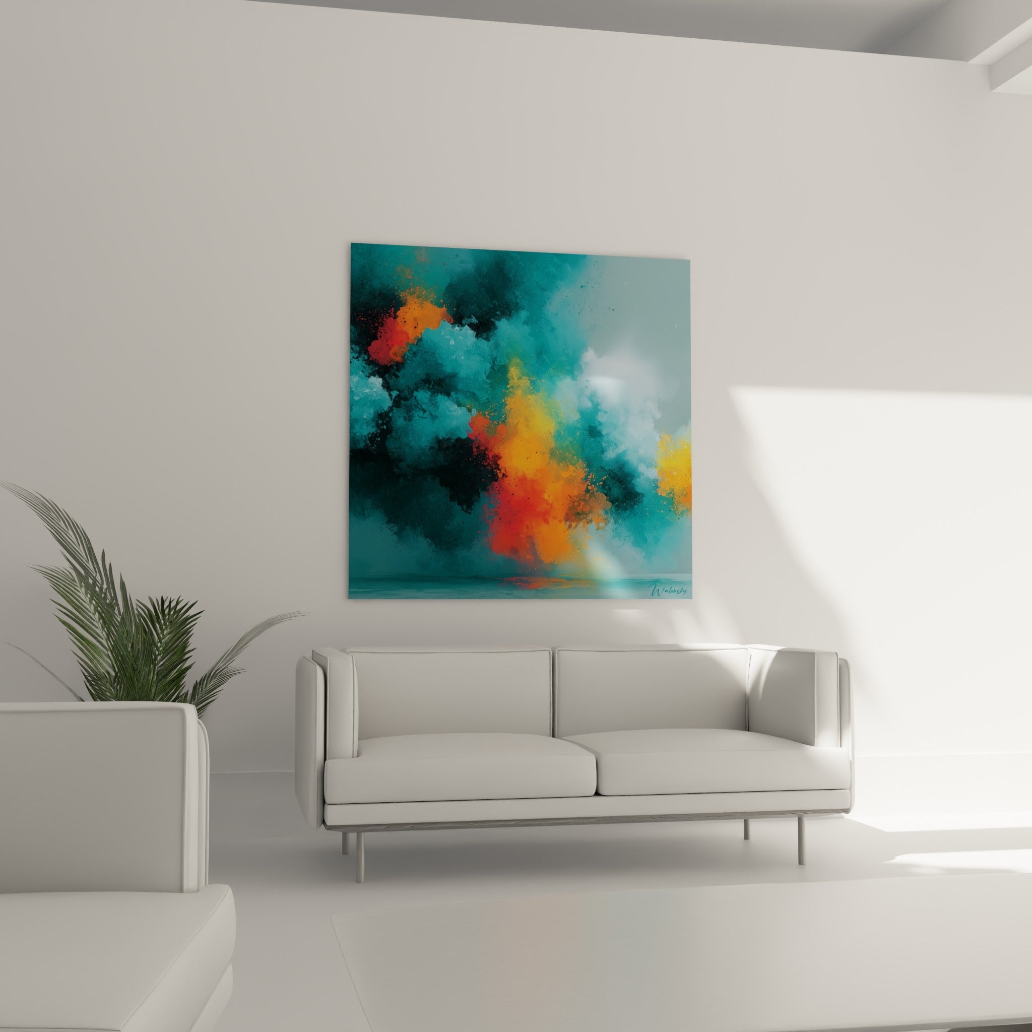 Volutes anthracite et flammes orangées se mêlant dans ce tableau abstrait coloré, au-dessus d'un canapé dans un salon lumineux