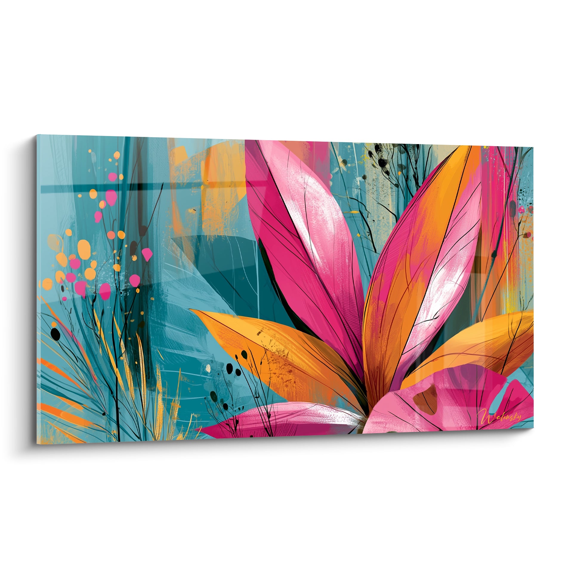 Fleur tropicale rose fuchsia et turquoise aux pétales veinés de noir, style illustration graphique