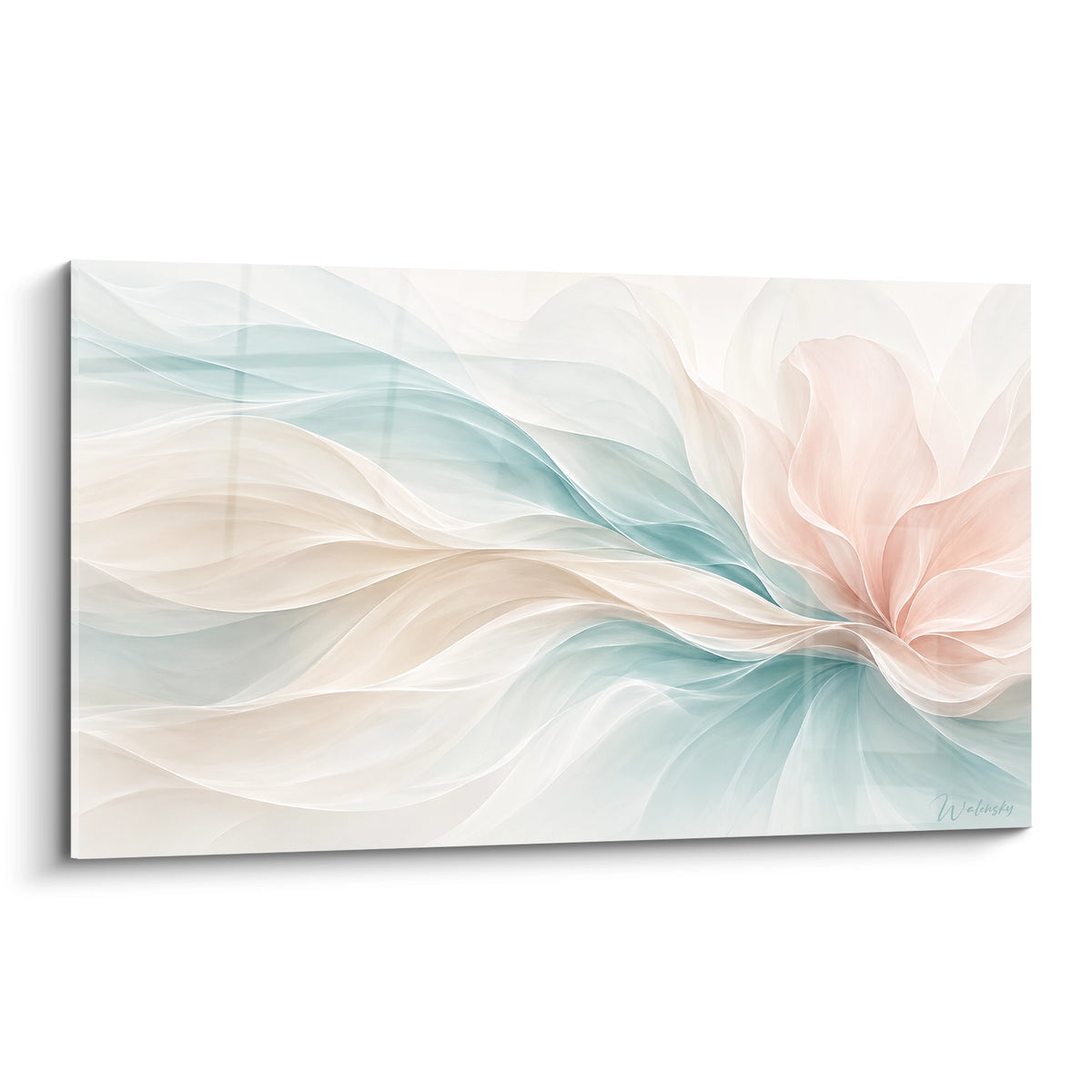 Fleur rose poudré et vagues bleu céladon aux formes fluides et transparentes sur fond ivoire